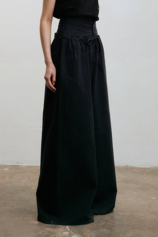 Black Double Waistband Drawstring Wide-Leg Pants