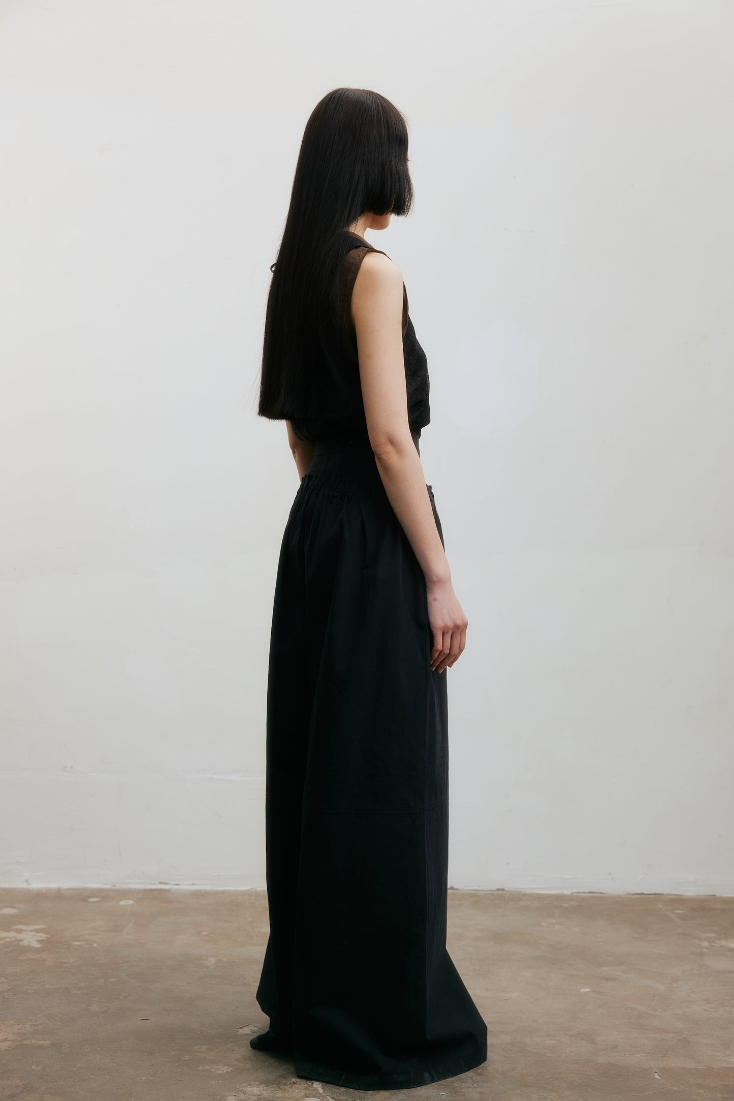 Black Double Waistband Drawstring Wide-Leg Pants