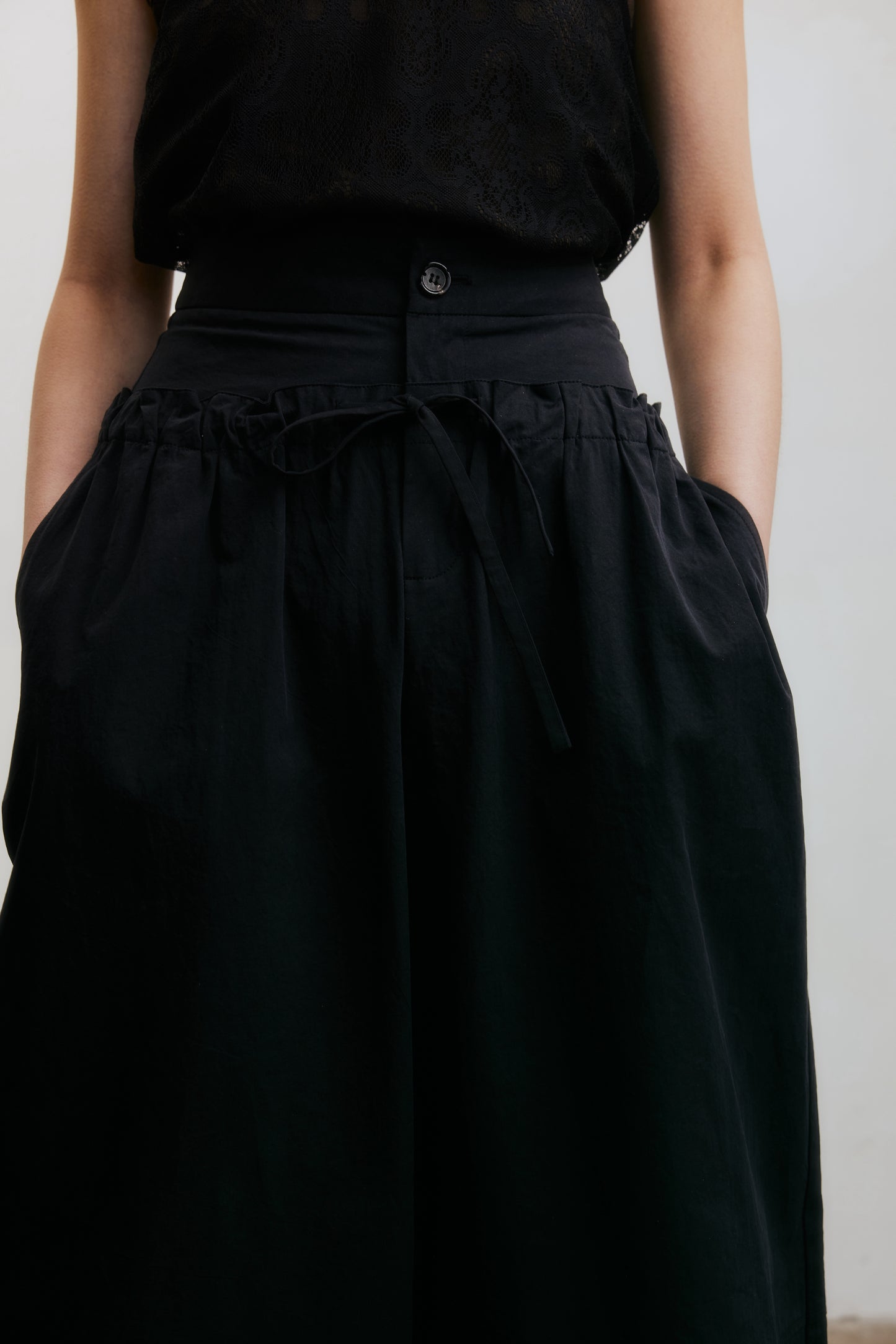 Black Double Waistband Drawstring Wide-Leg Pants