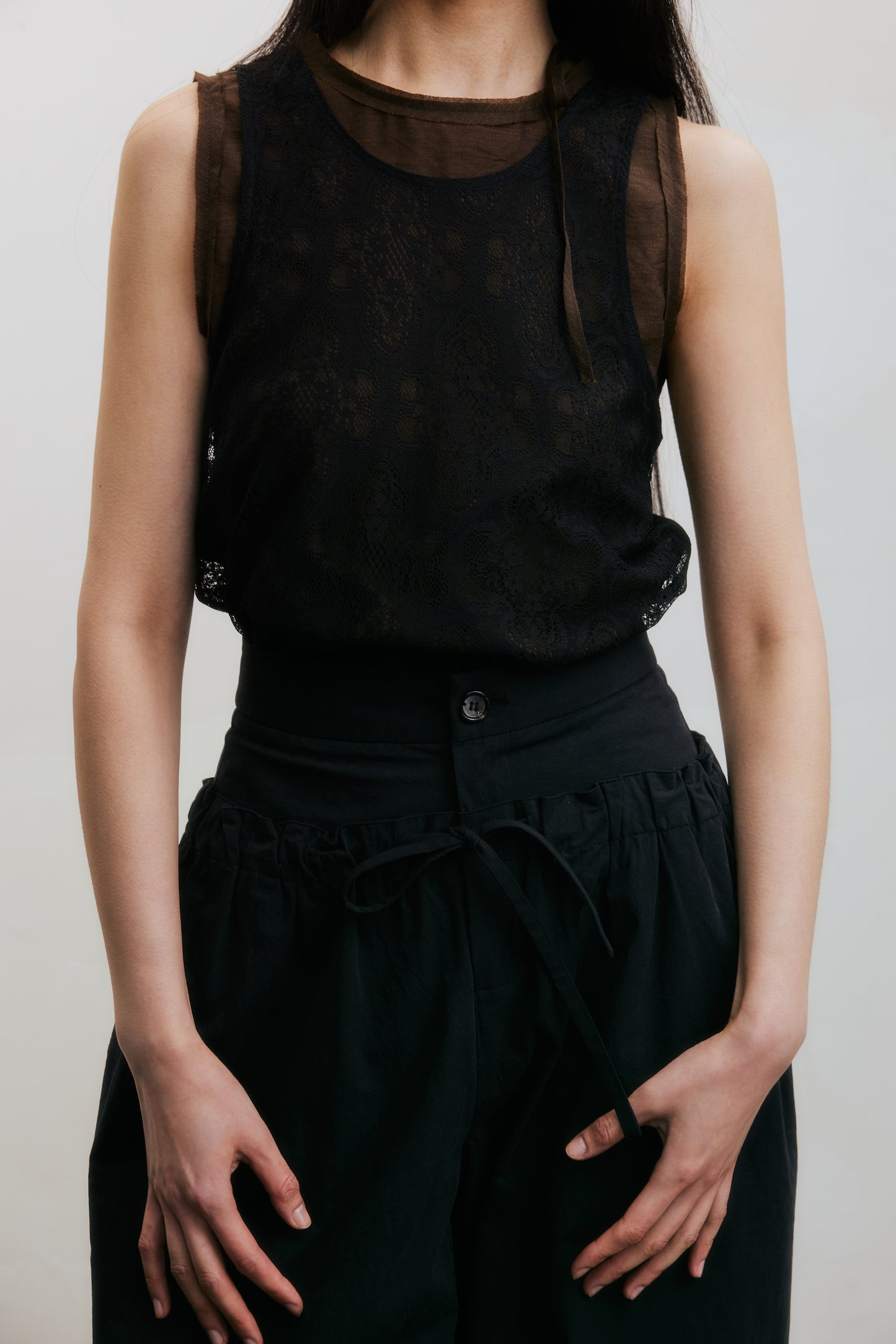 Black Double Waistband Drawstring Wide-Leg Pants