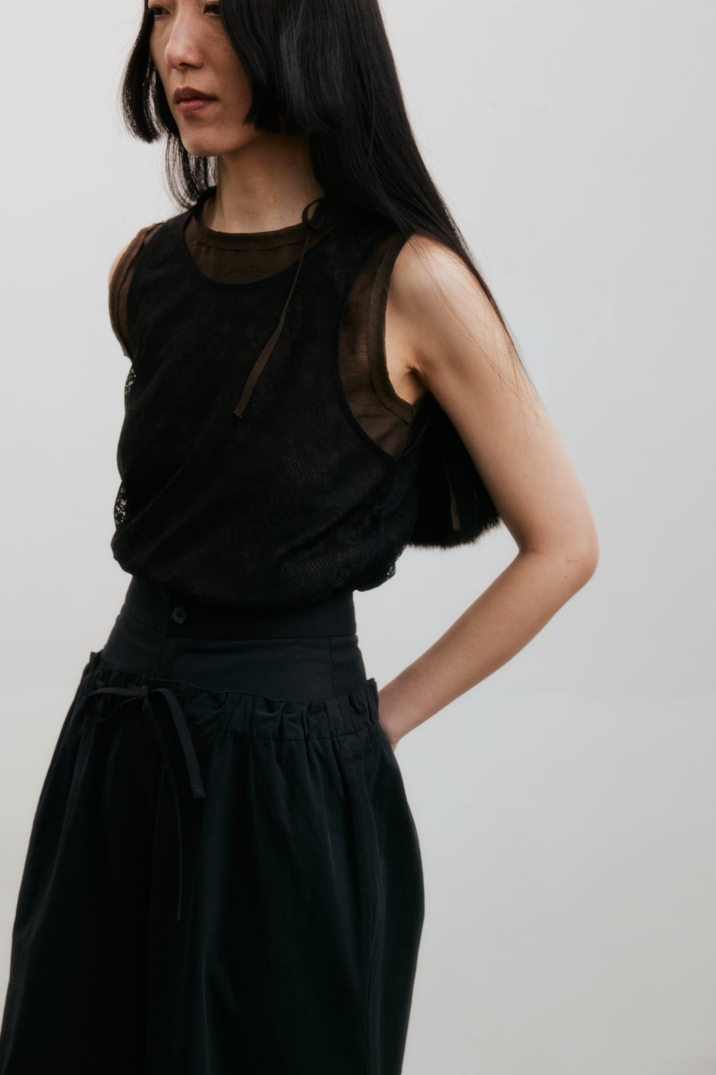 Black Double Waistband Drawstring Wide-Leg Pants