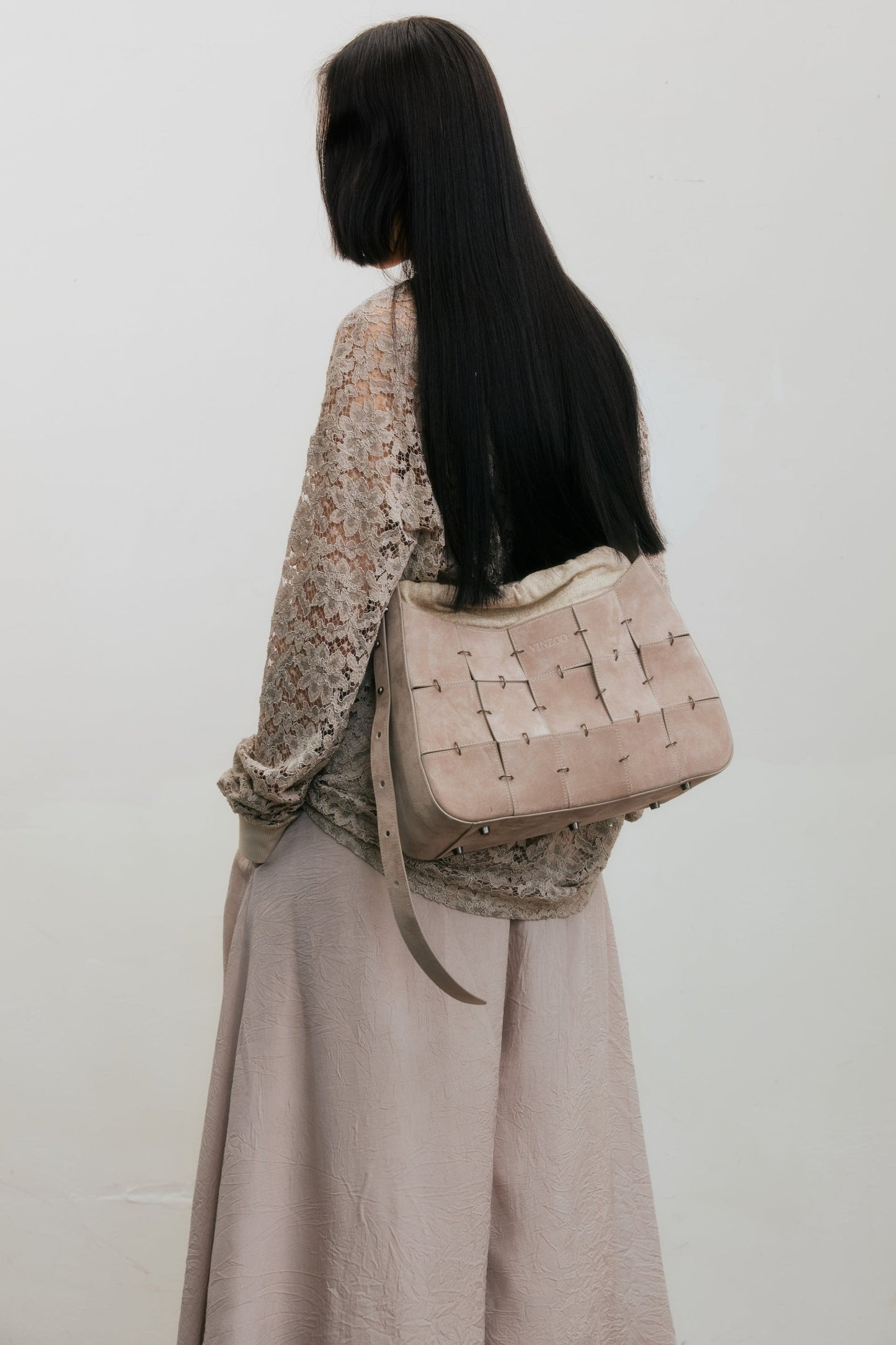 Grey Pink Suede Leather Crossbody Bag(Median)