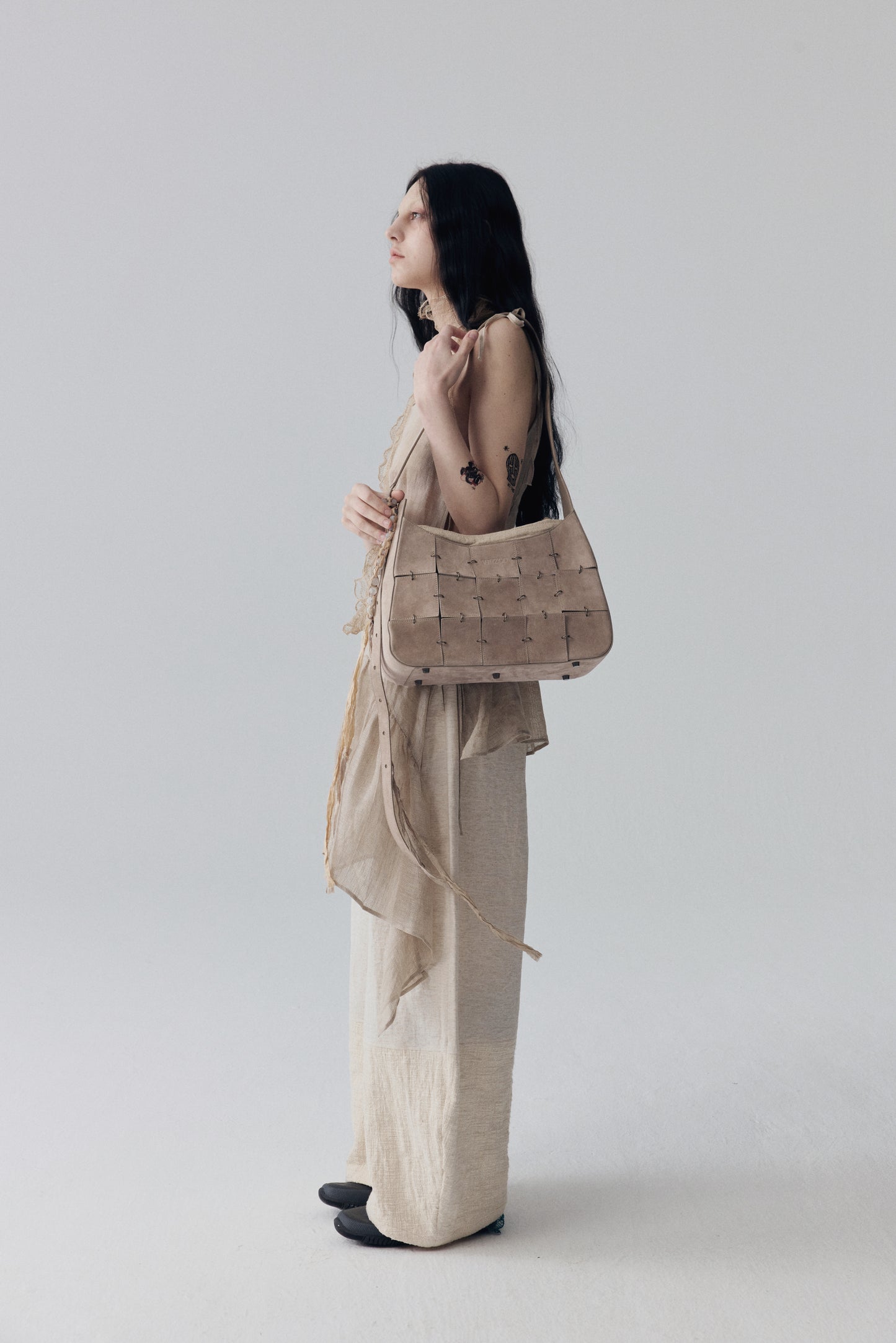 Grey Pink Suede Leather Crossbody Bag(Median)