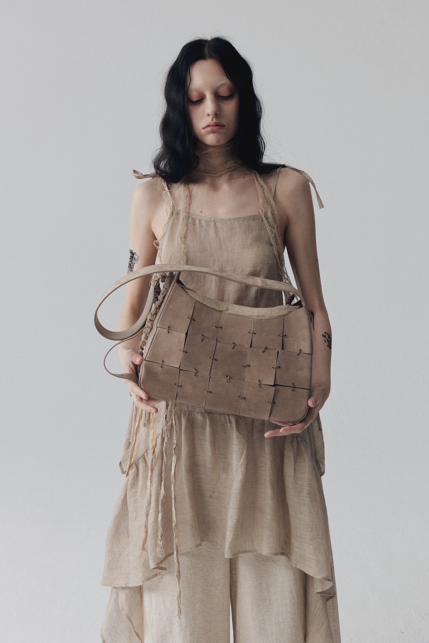 Grey Pink Suede Leather Crossbody Bag(Median)