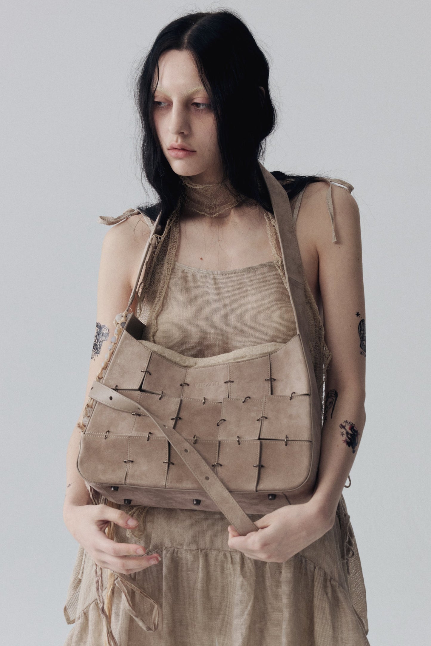 Grey Pink Suede Leather Crossbody Bag(Median)