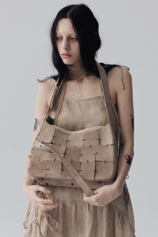 Grey Pink Suede Leather Crossbody Bag(Median)