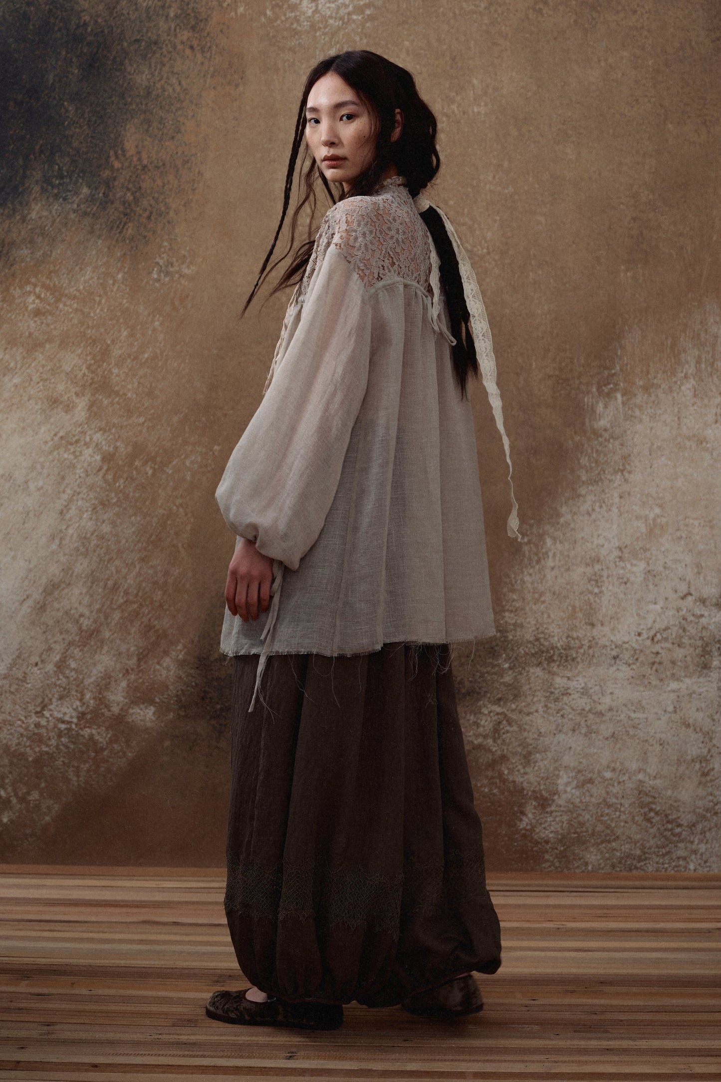Brown Lace Panel Balloon Pants