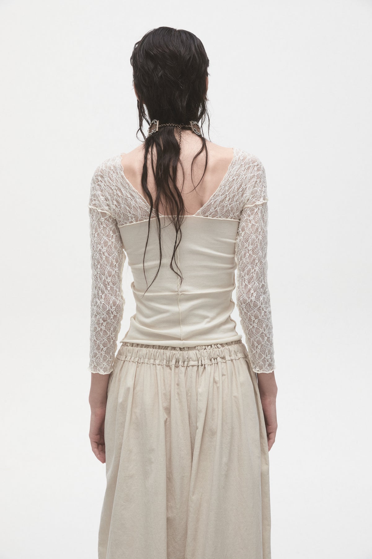 Beige Lace Panelled T-Shirt