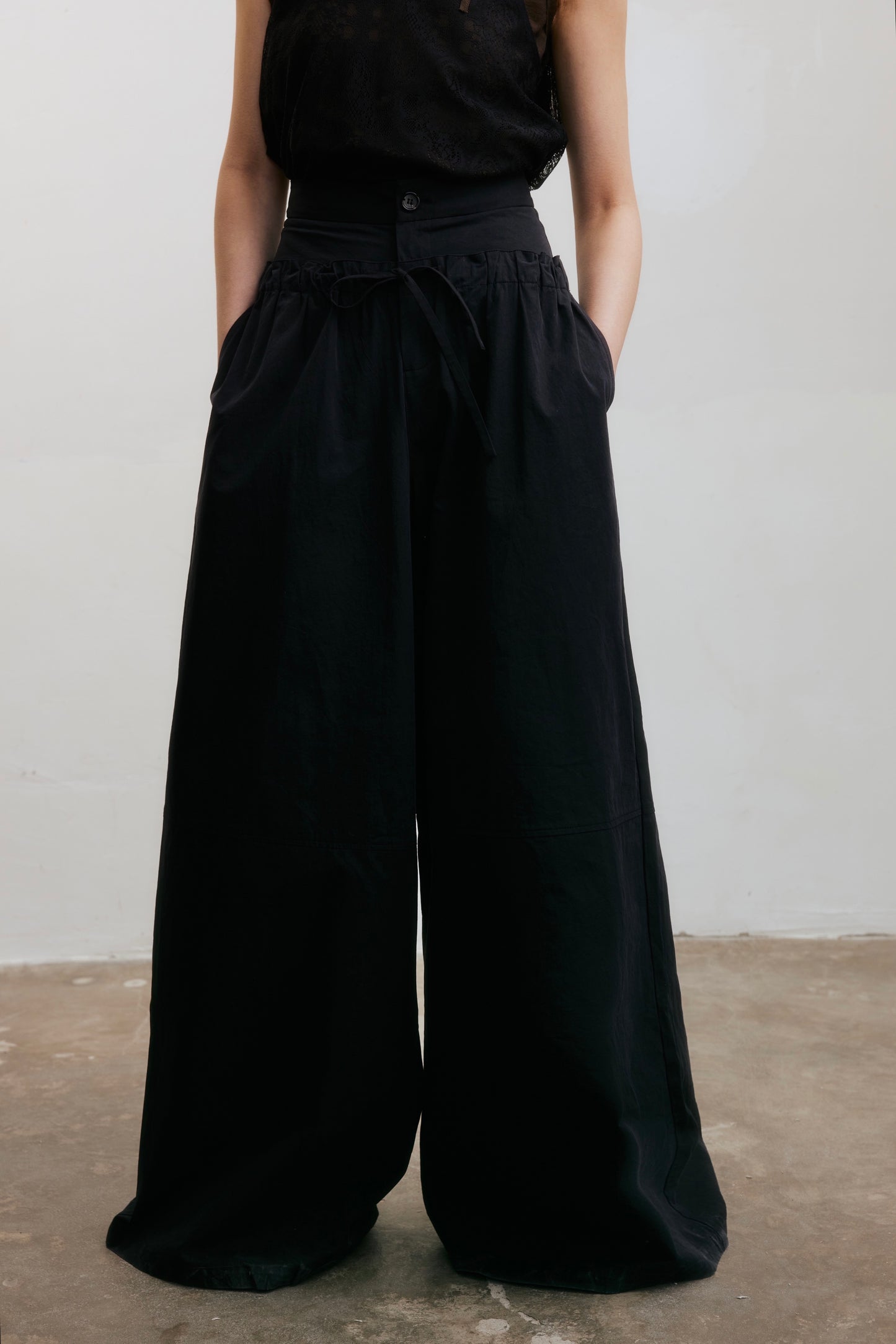 Black Double Waistband Drawstring Wide-Leg Pants