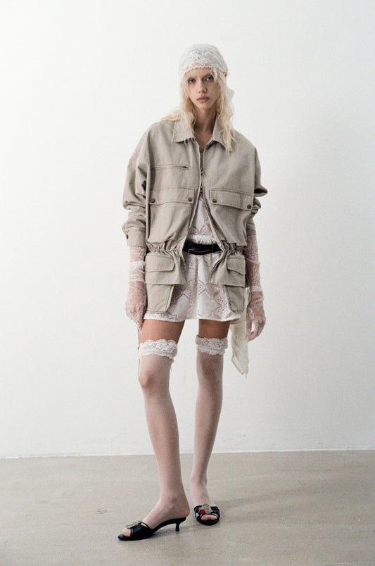 Light Khaki Drawstring Washed Work Jacket