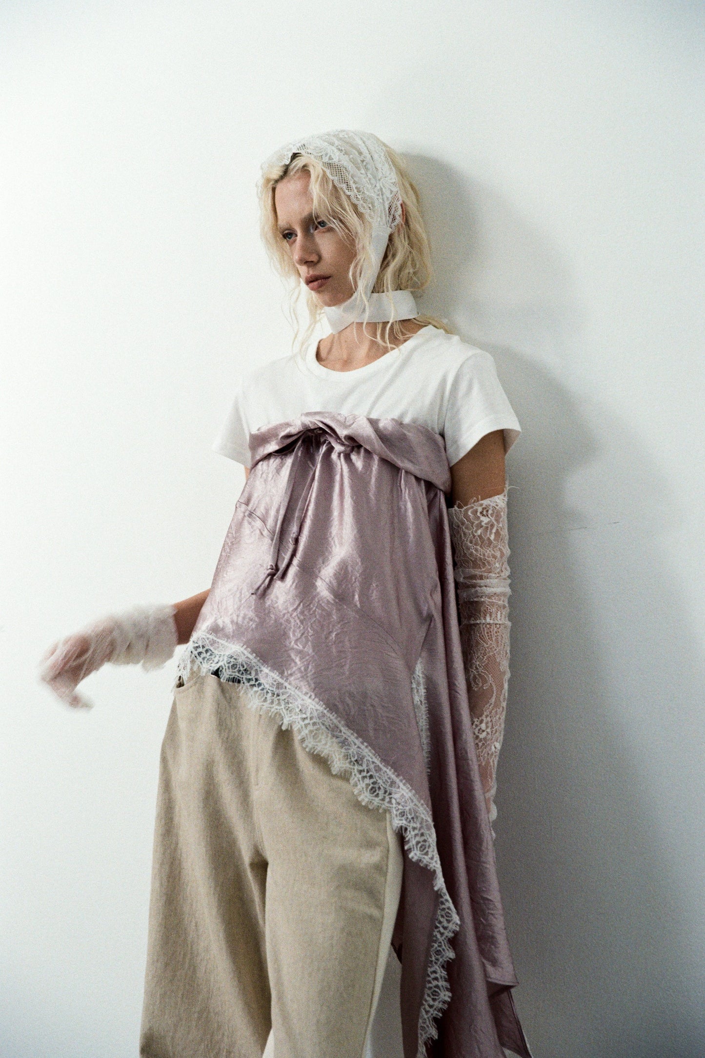 Gray Pink Asymmetric Lace Hem Skirt