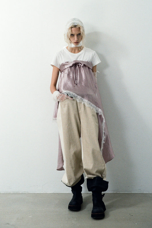 Gray Pink Asymmetric Lace Hem Skirt