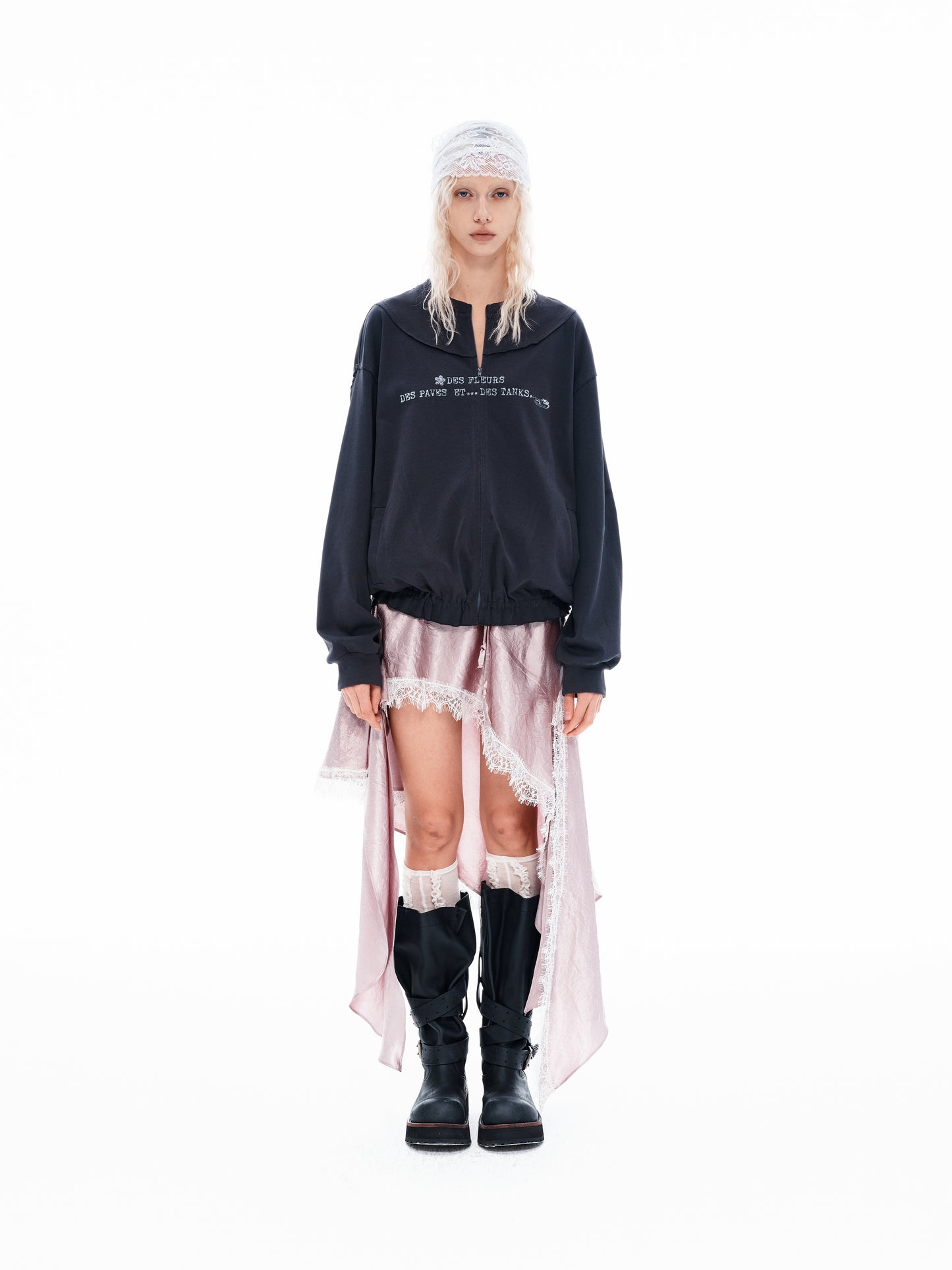 Gray Pink Asymmetric Lace Hem Skirt