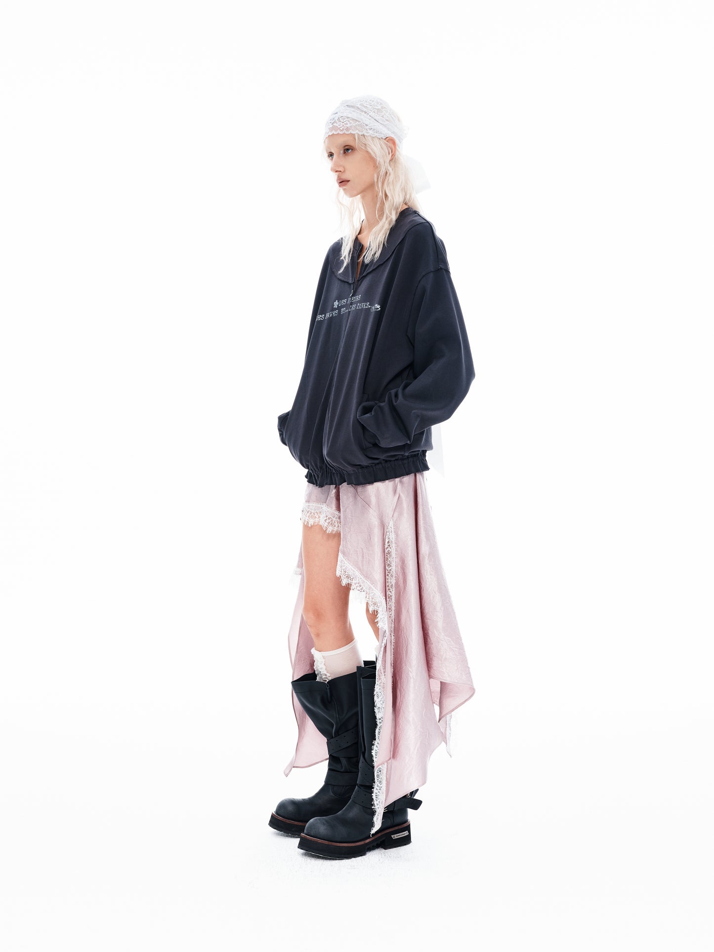 Gray Pink Asymmetric Lace Hem Skirt