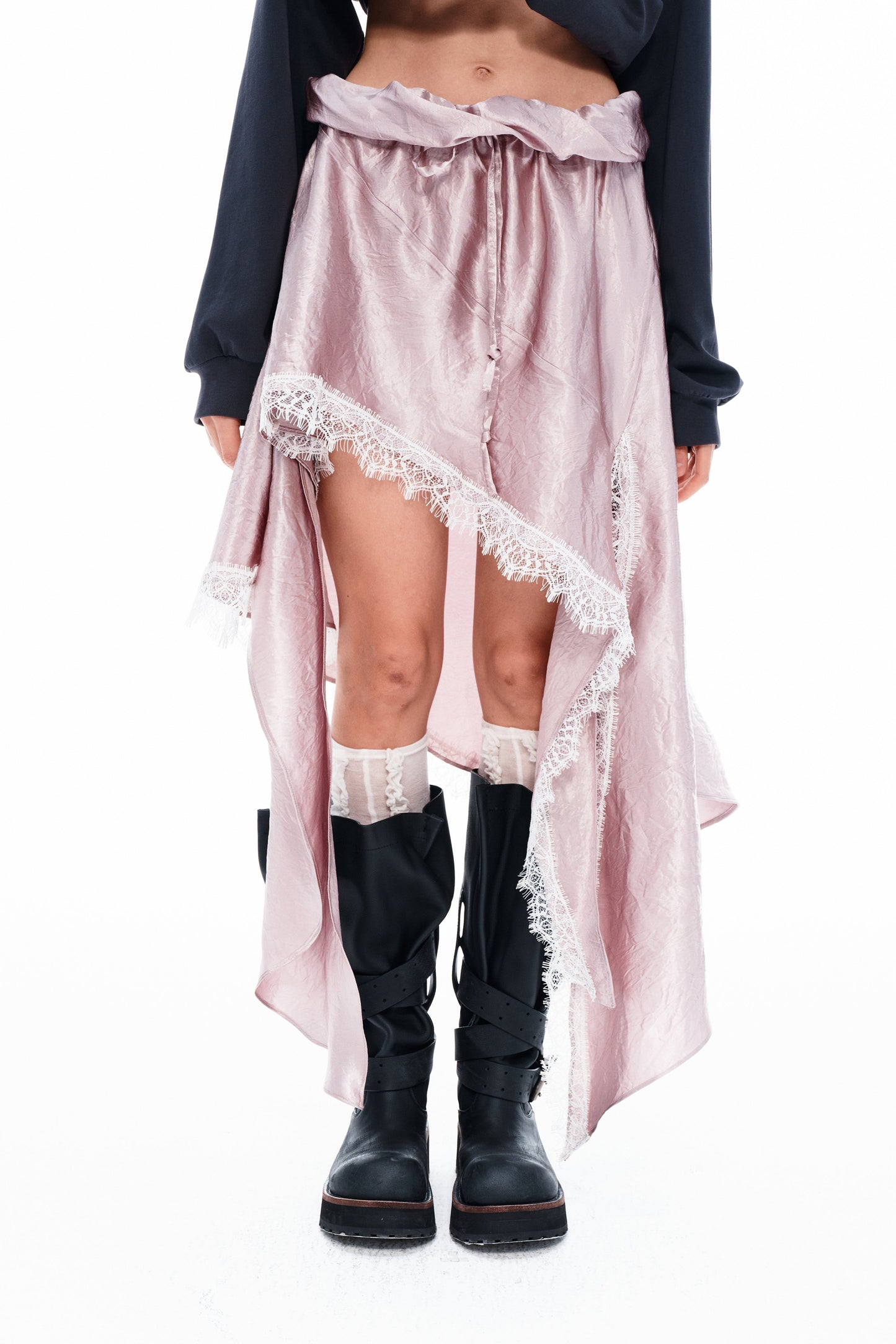 Gray Pink Asymmetric Lace Hem Skirt