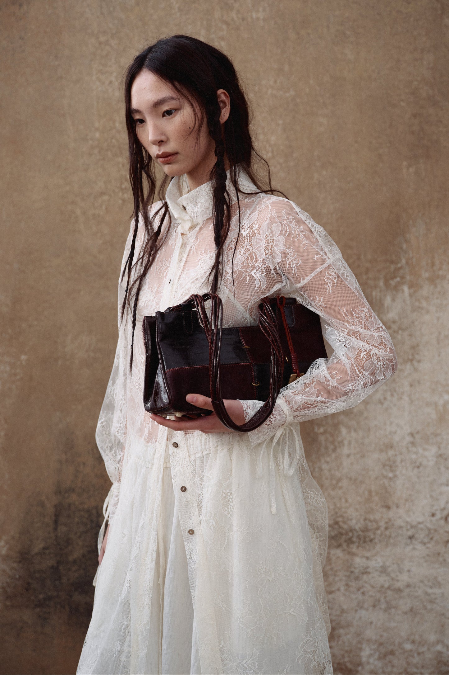 Dark Red Leather Boston Bag