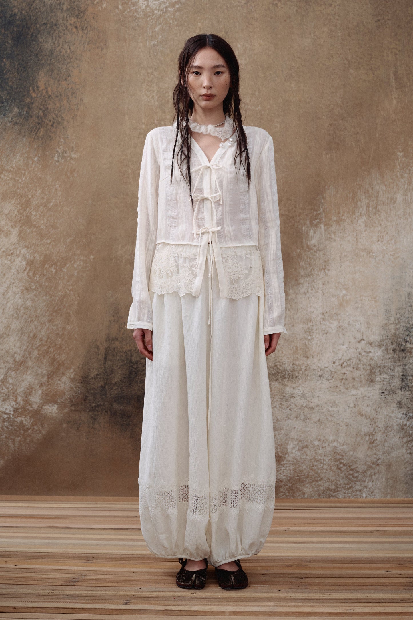 White Lace Panel Balloon Pants