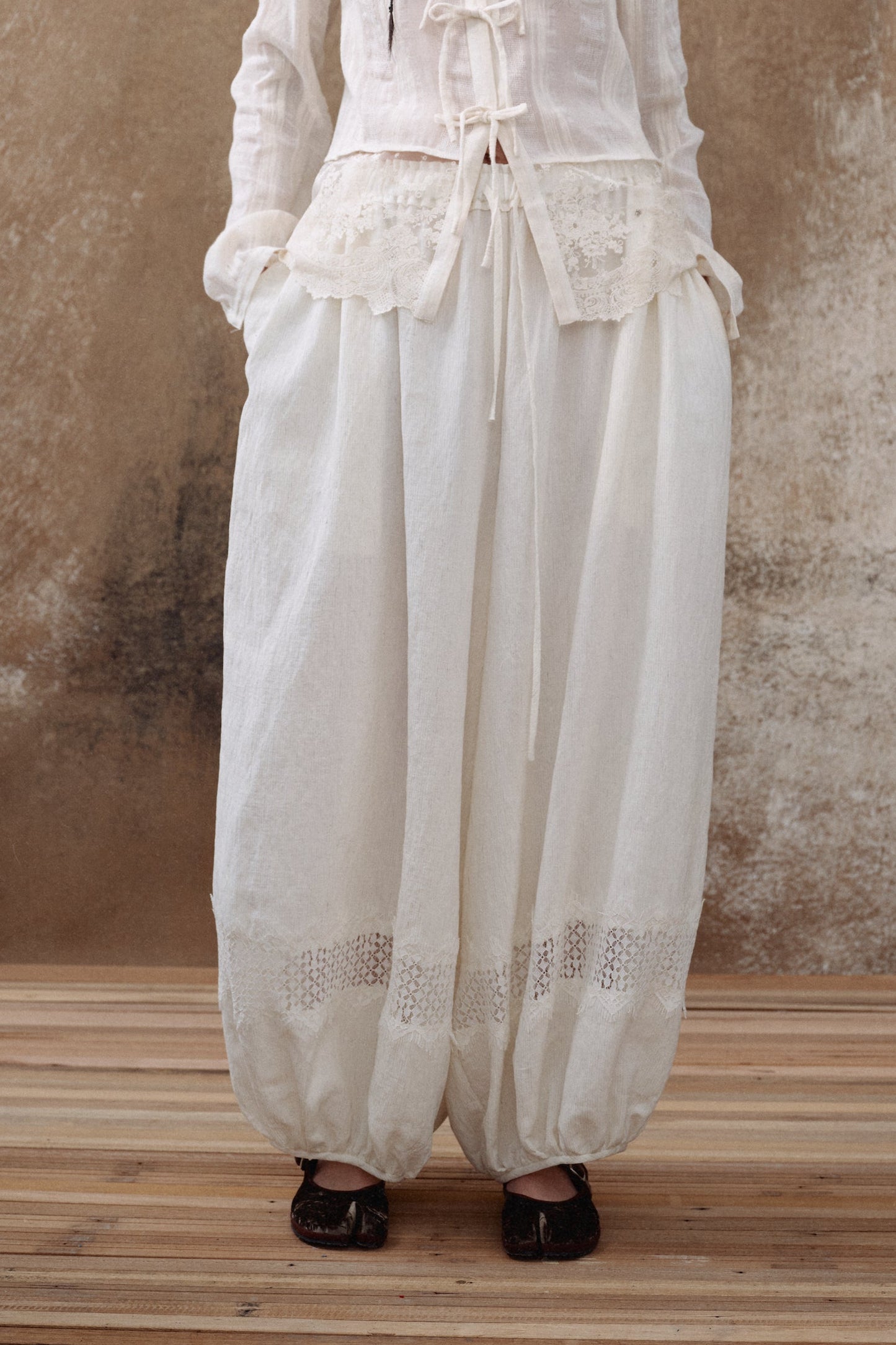 White Lace Panel Balloon Pants
