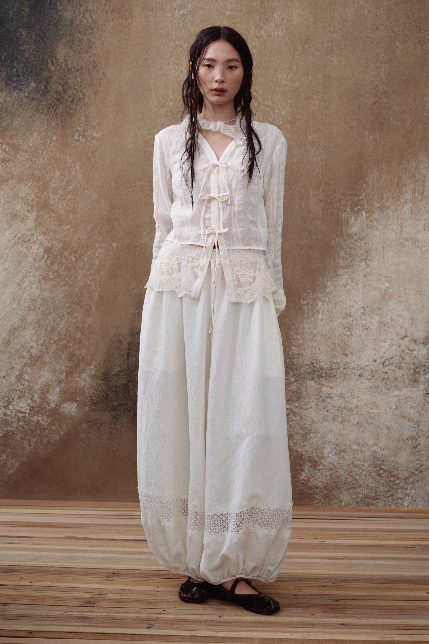White Lace Panel Balloon Pants