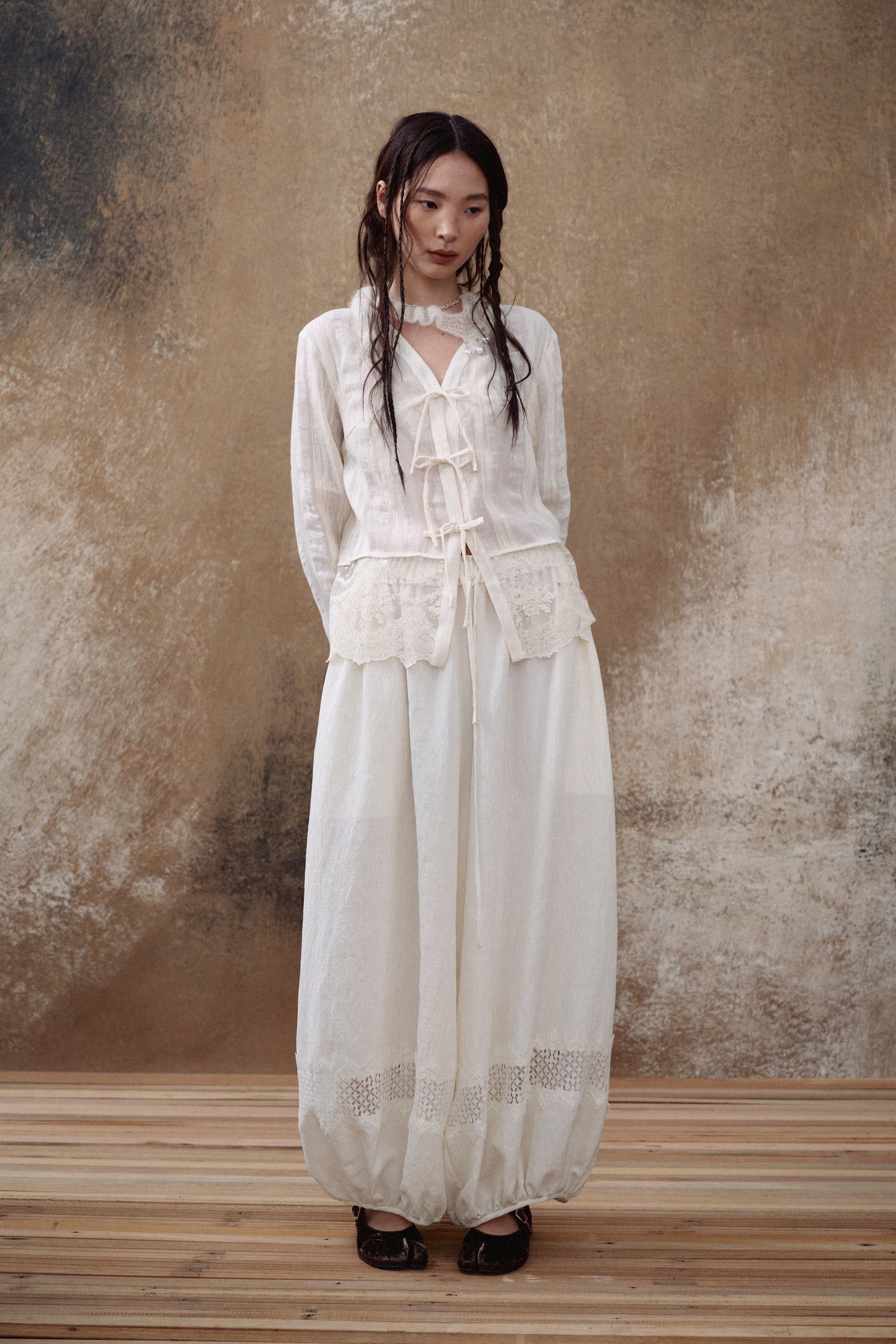 White Lace Panel Balloon Pants