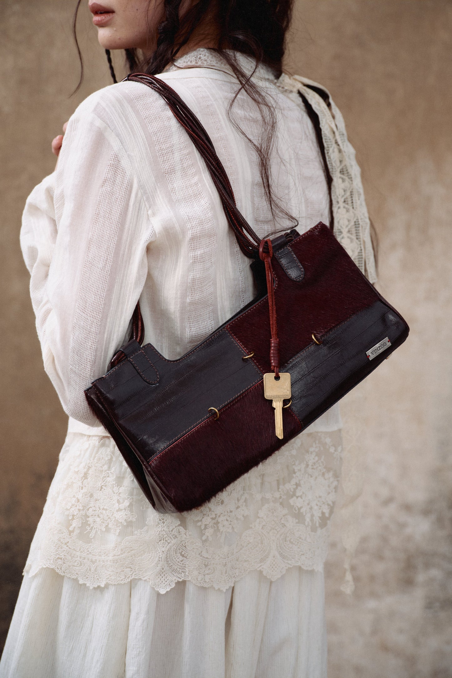 Dark Red Leather Boston Bag