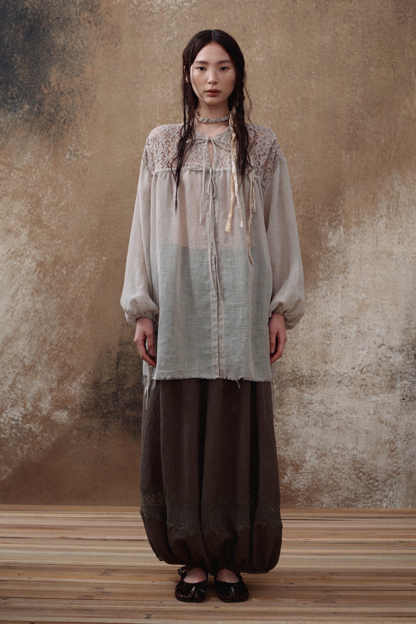 Brown Lace Panel Balloon Pants