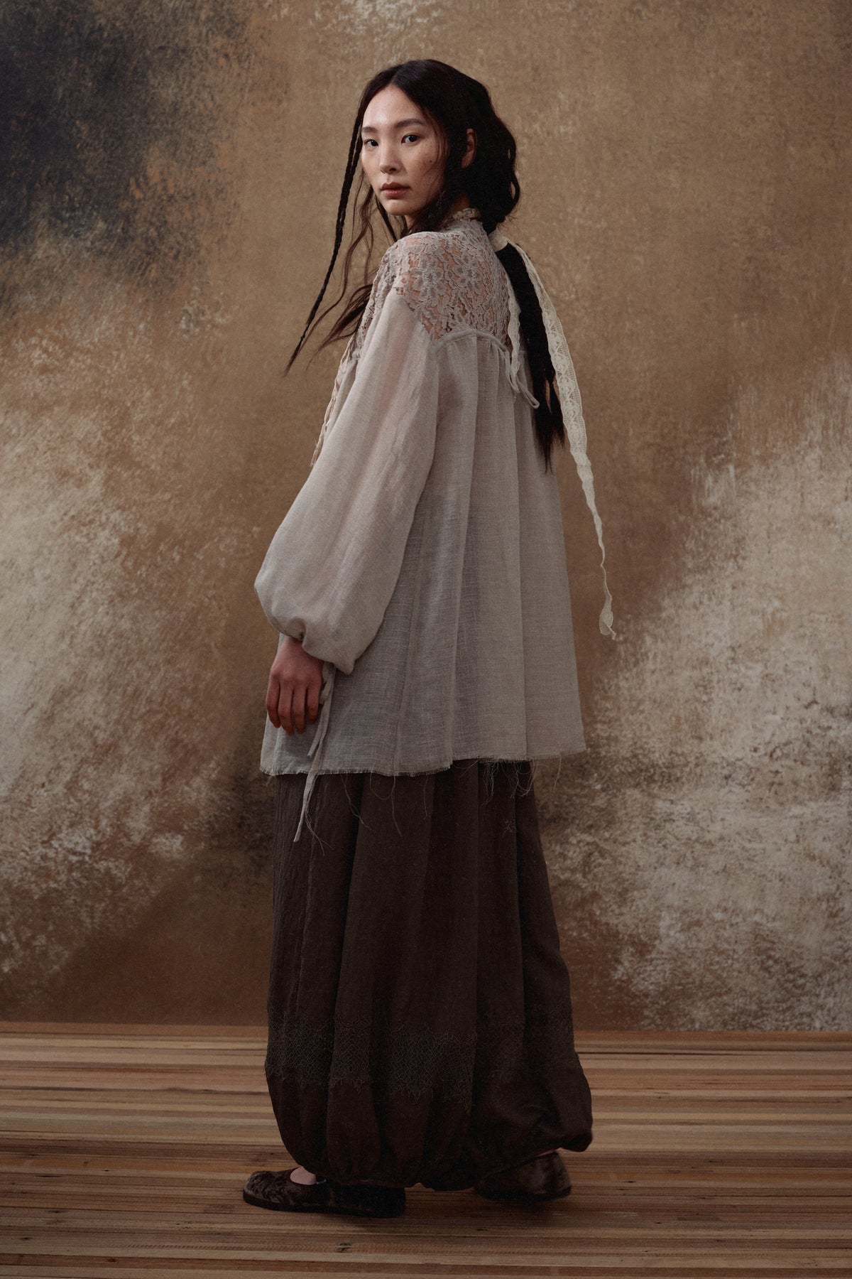 Brown Lace Panel Balloon Pants