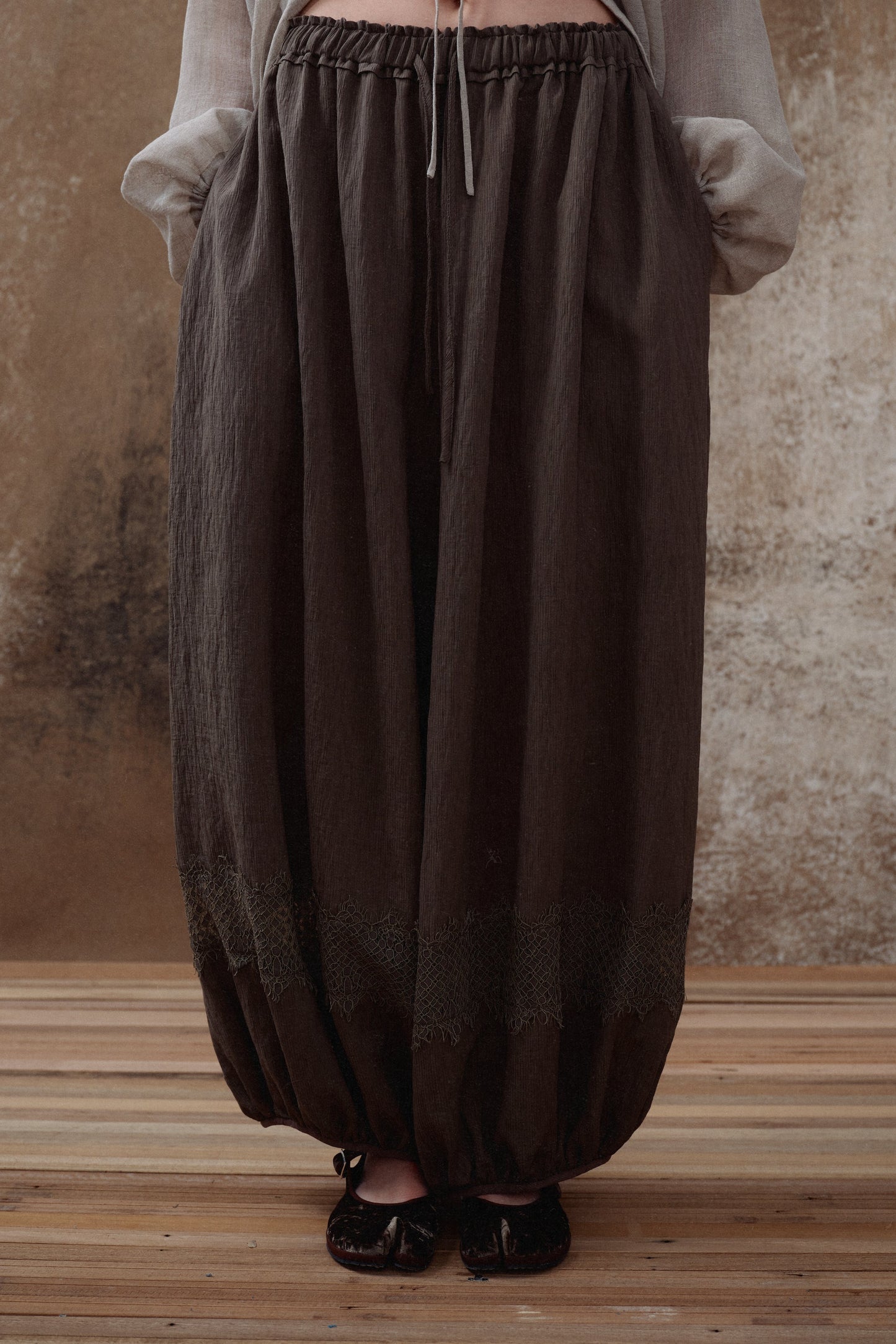 Brown Lace Panel Balloon Pants