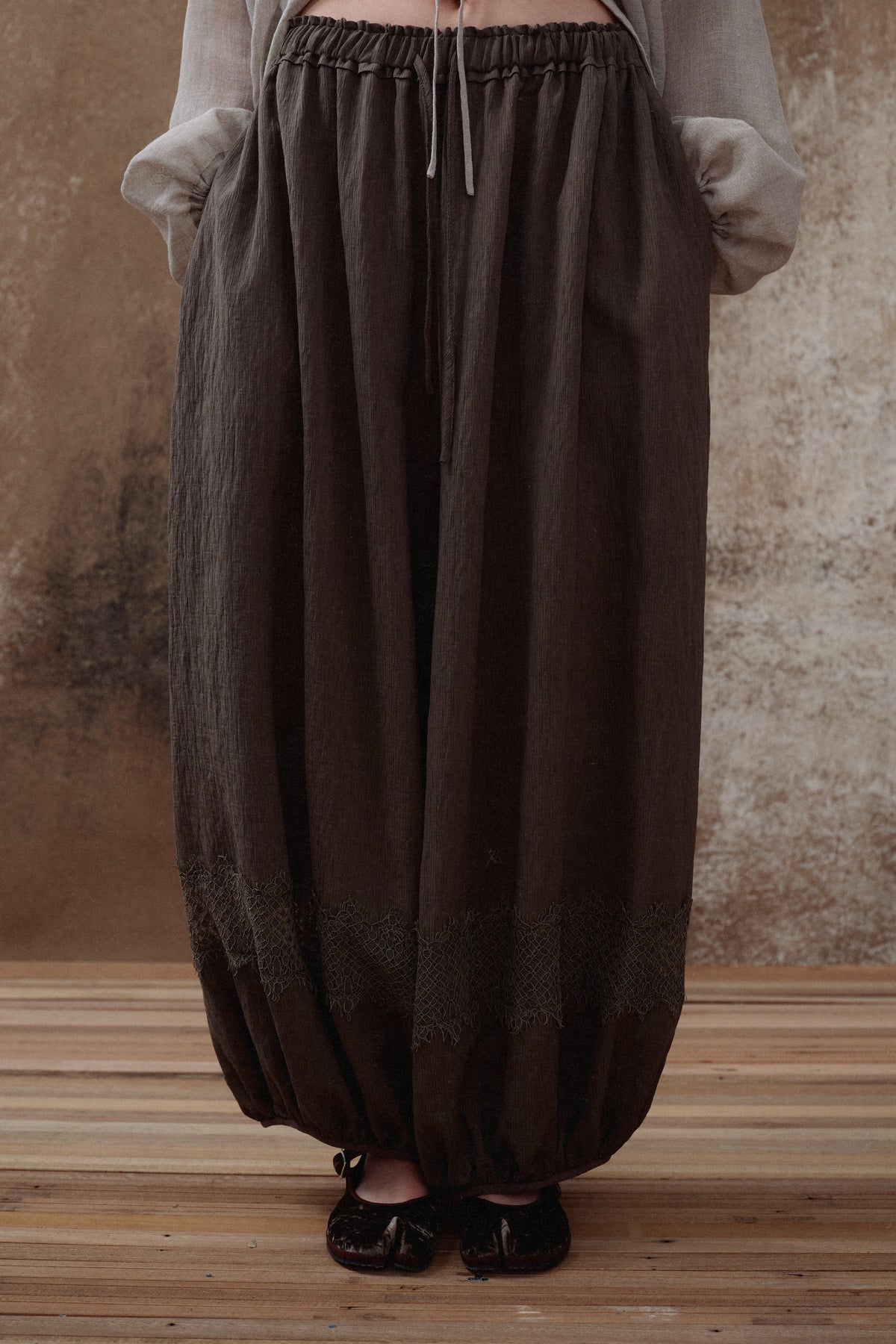 Brown Lace Panel Balloon Pants