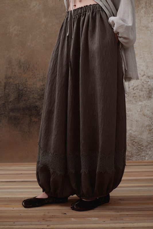 Brown Lace Panel Balloon Pants