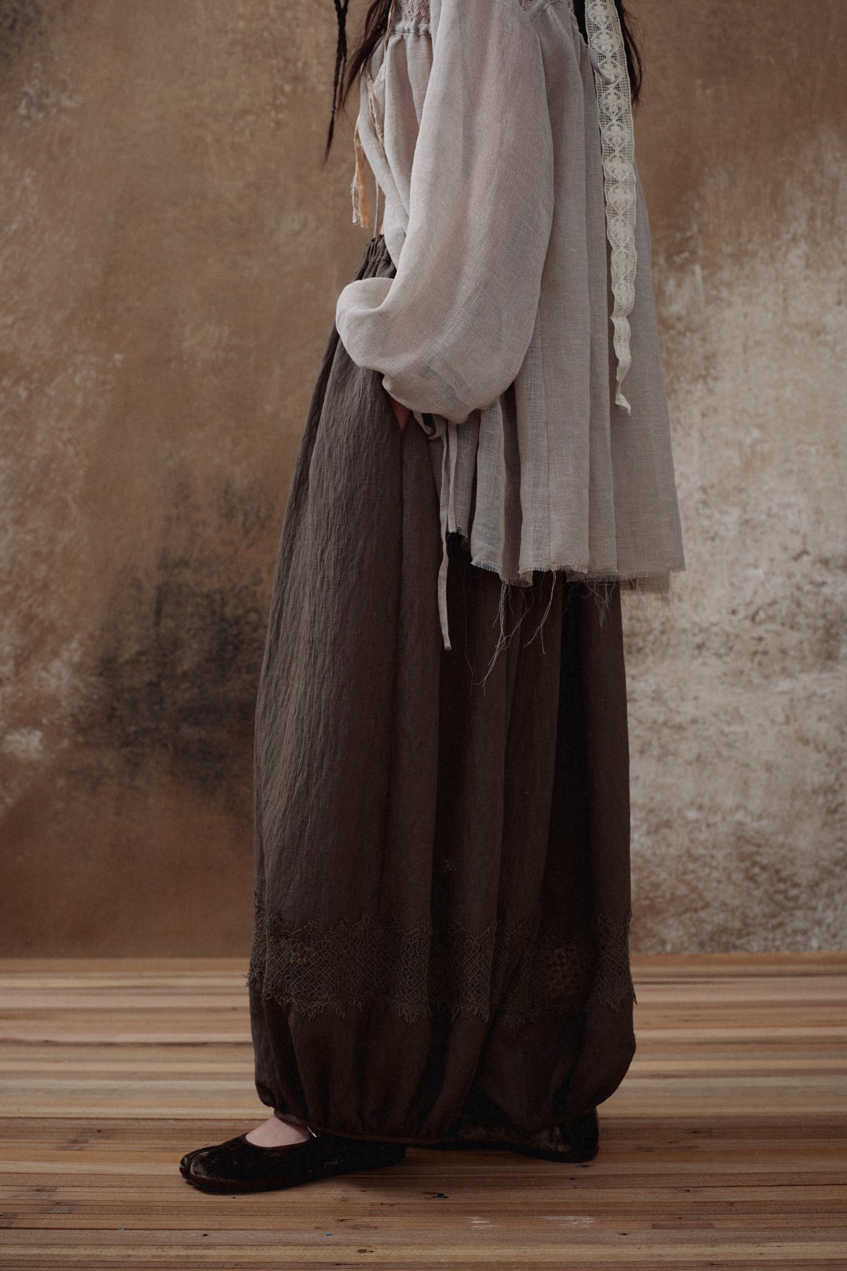 Brown Lace Panel Balloon Pants