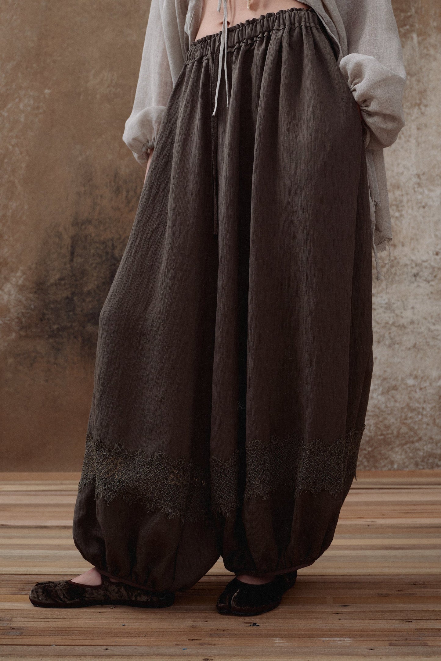 Brown Lace Panel Balloon Pants
