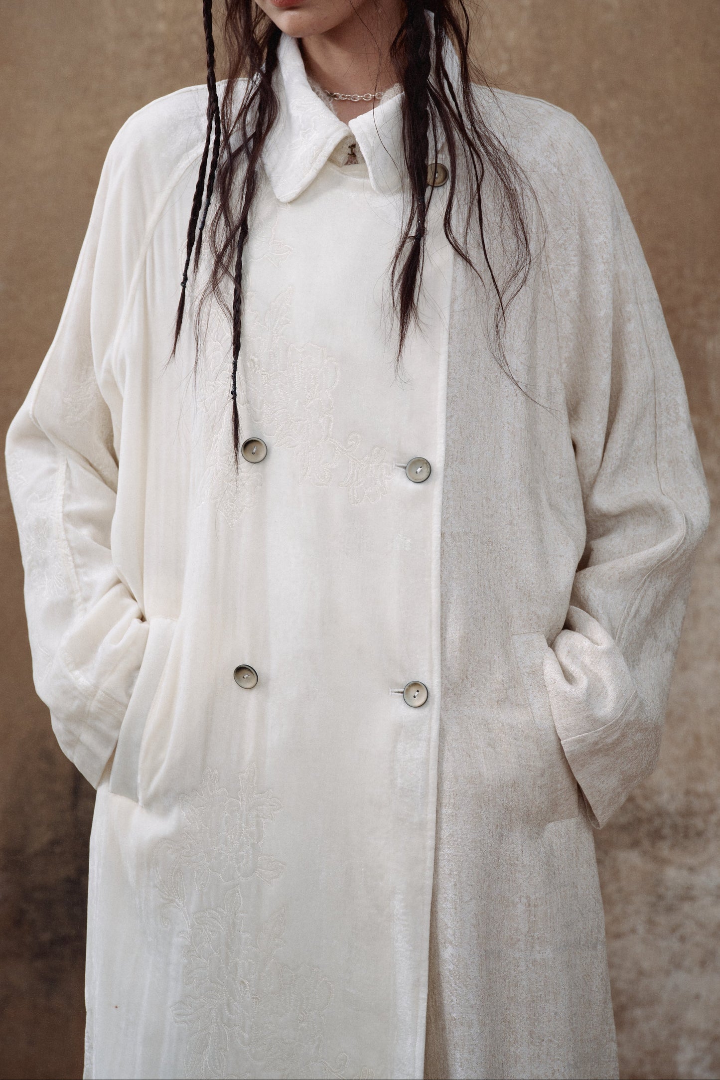 Lace Panel Velvet Embroidered Coat