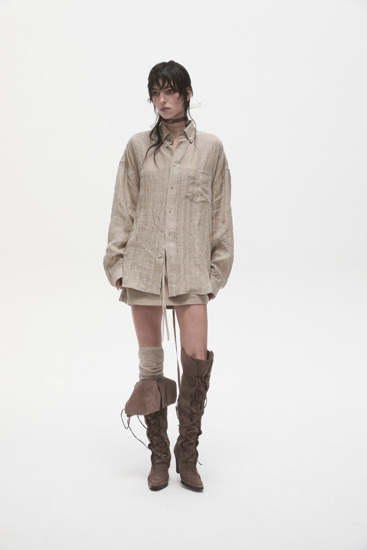 Linen Plaid Tie Shirt