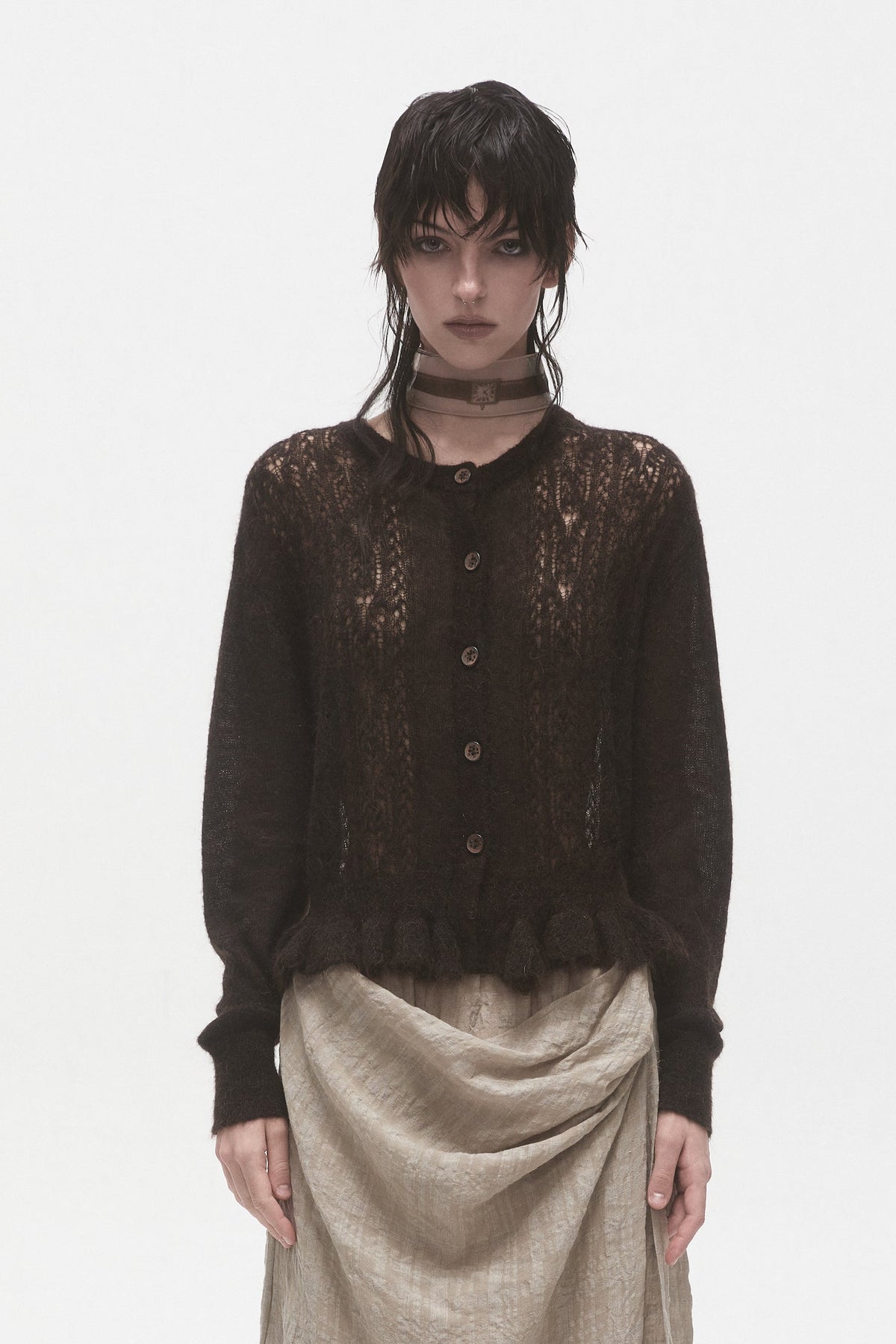 Dark Brown Mohair Knit Cardigan