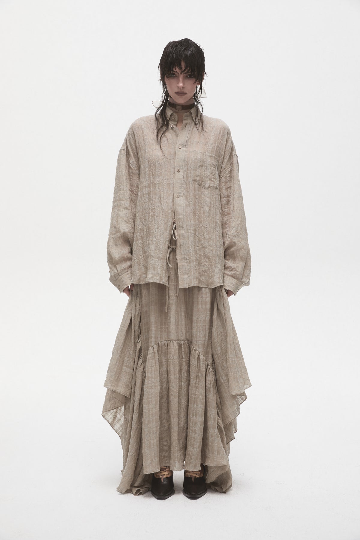 Linen Plaid Panelled Skirt