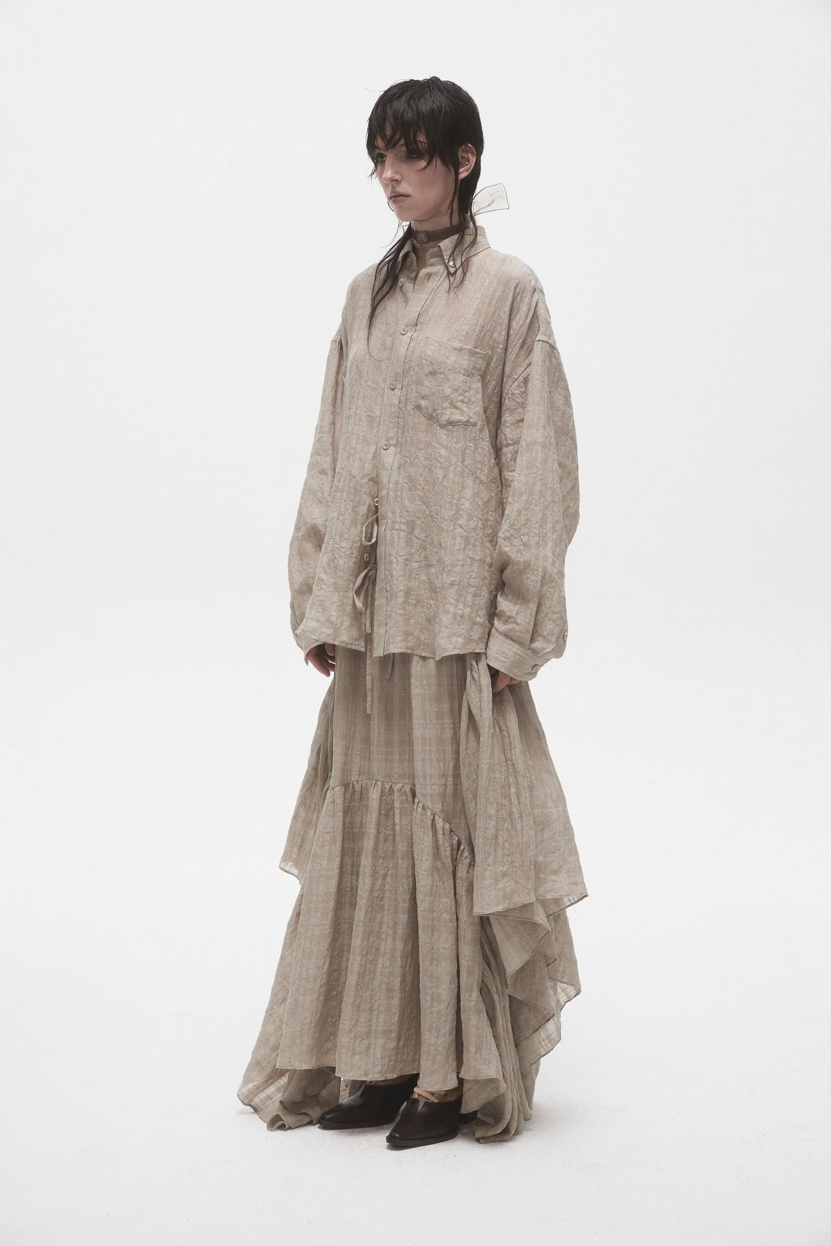 Linen Plaid Panelled Skirt