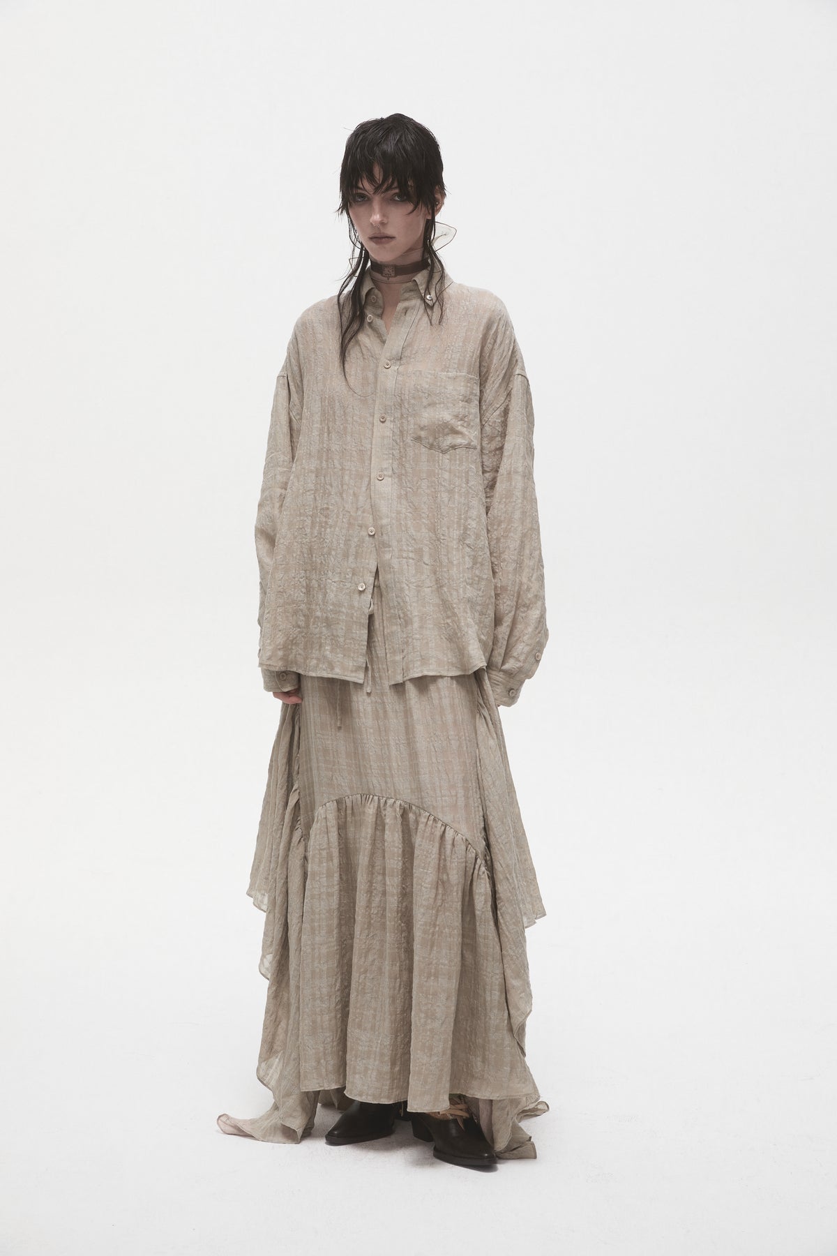 Linen Plaid Panelled Skirt
