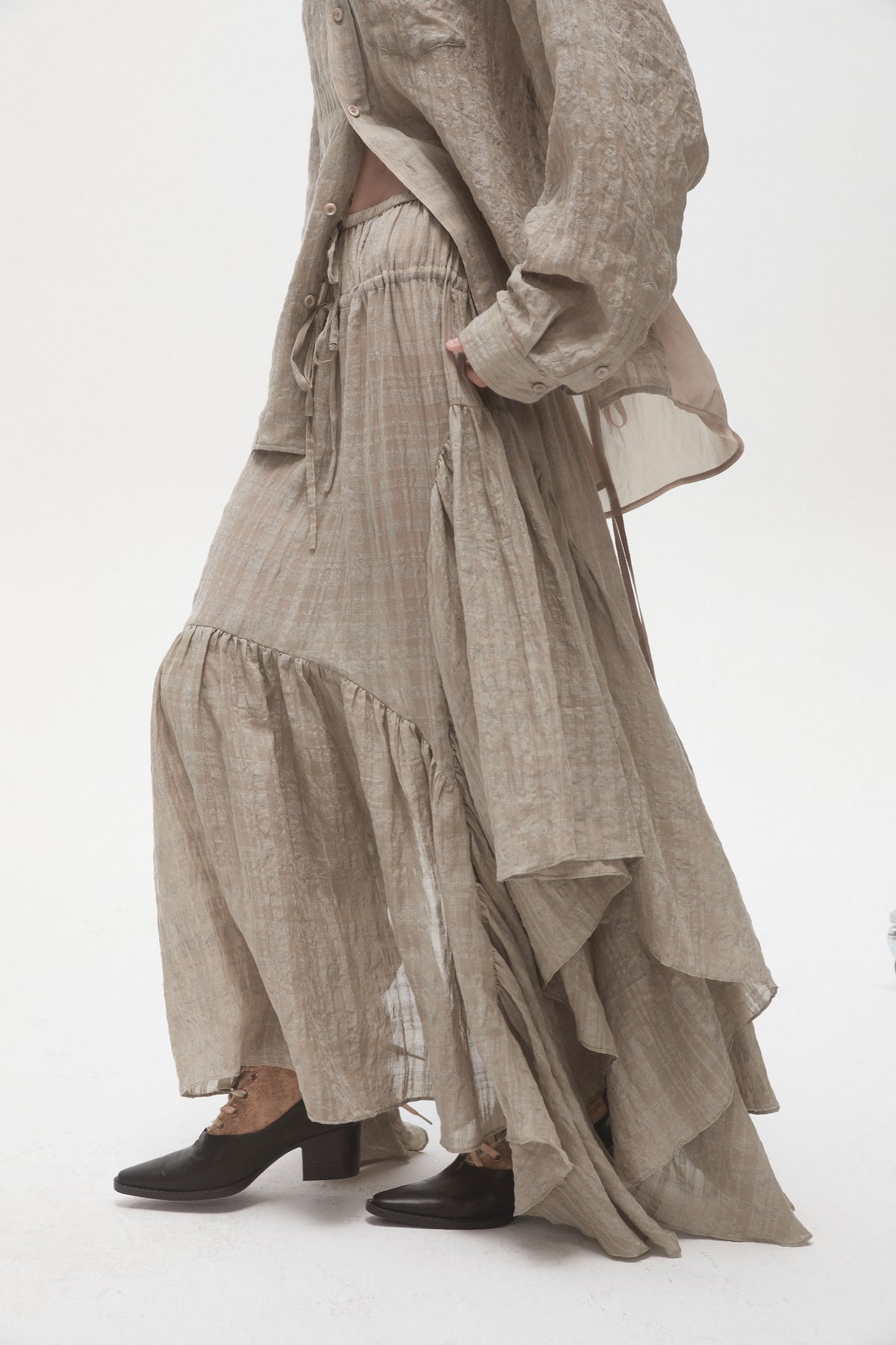 Linen Plaid Panelled Skirt
