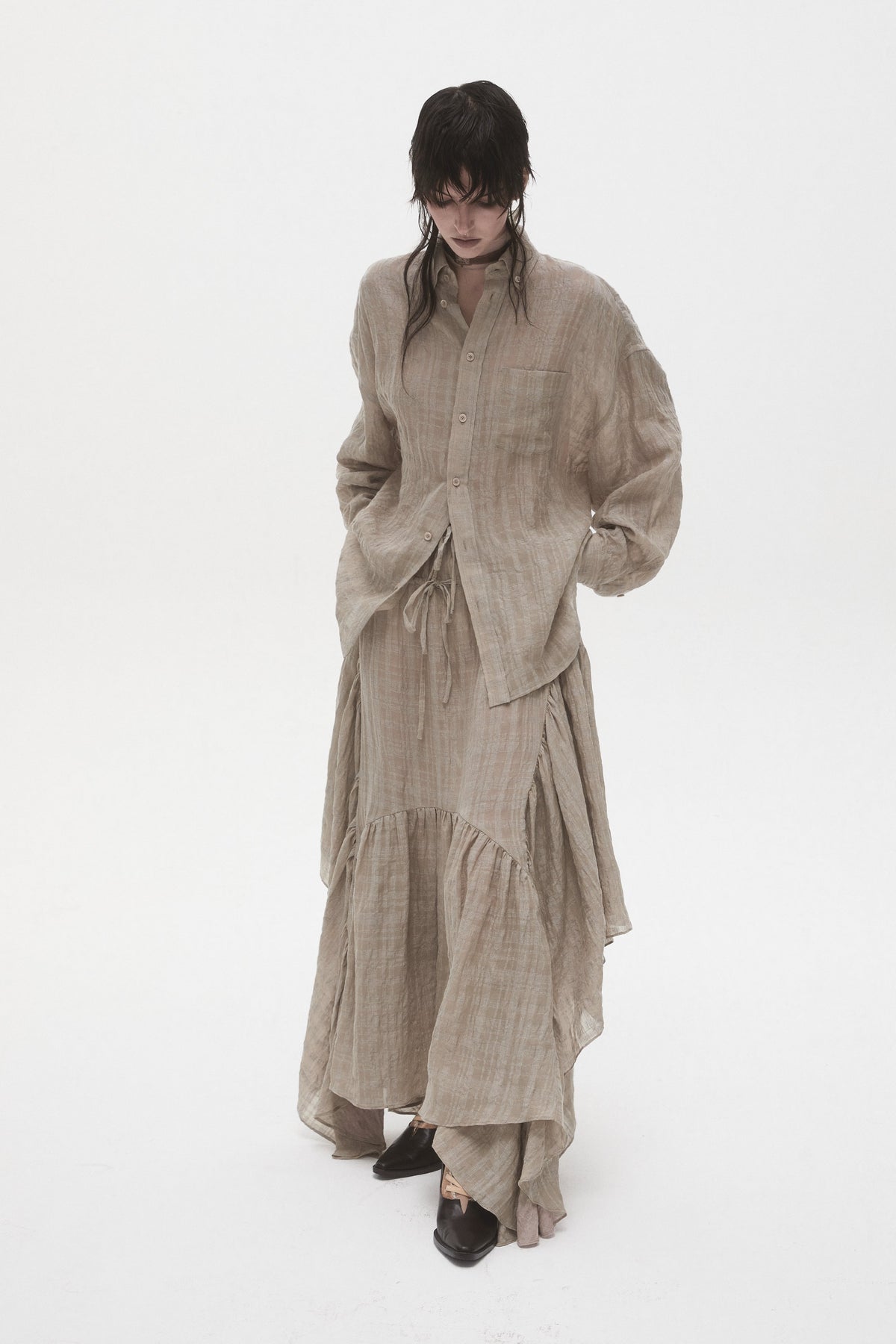 Linen Plaid Panelled Skirt