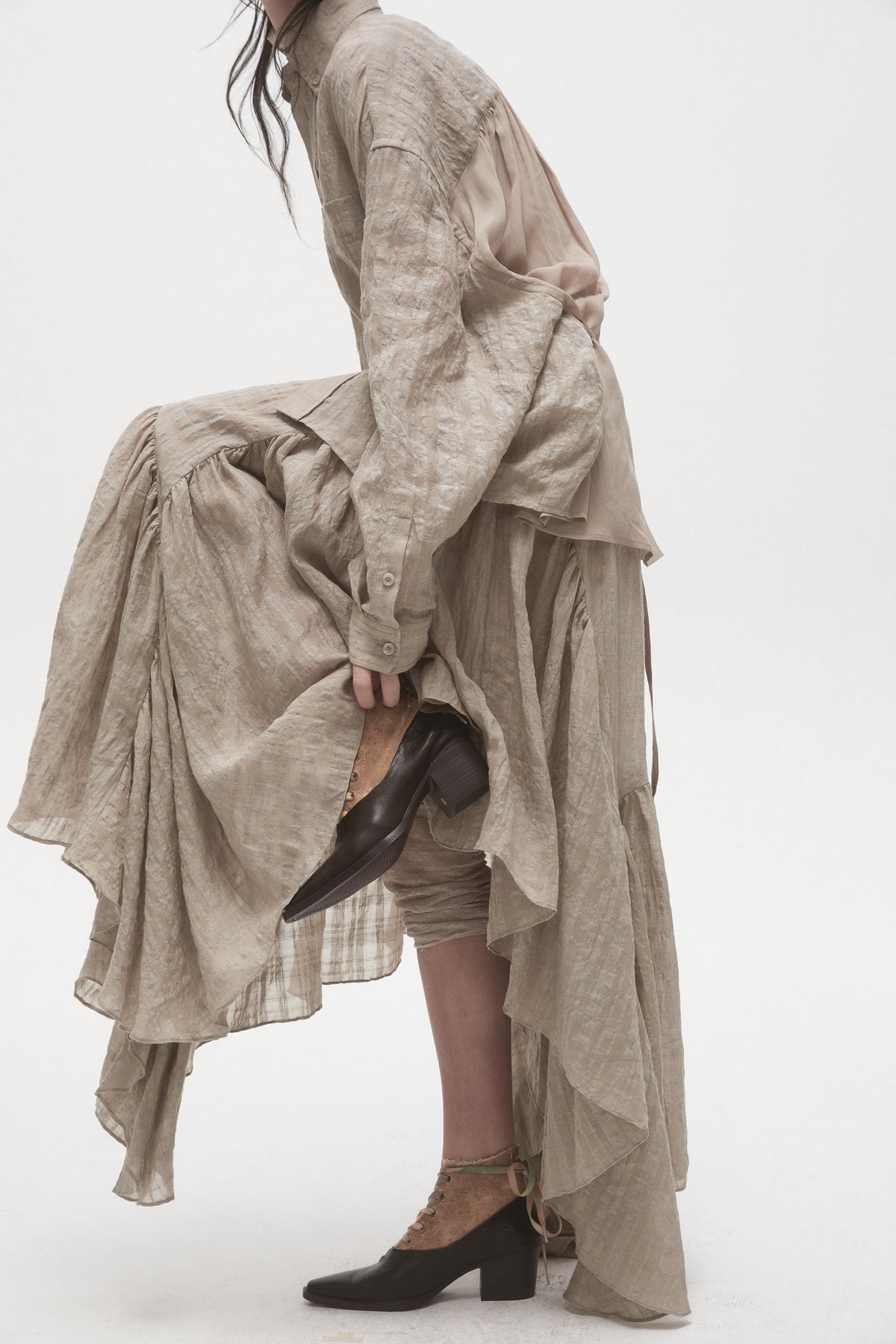 Linen Plaid Panelled Skirt