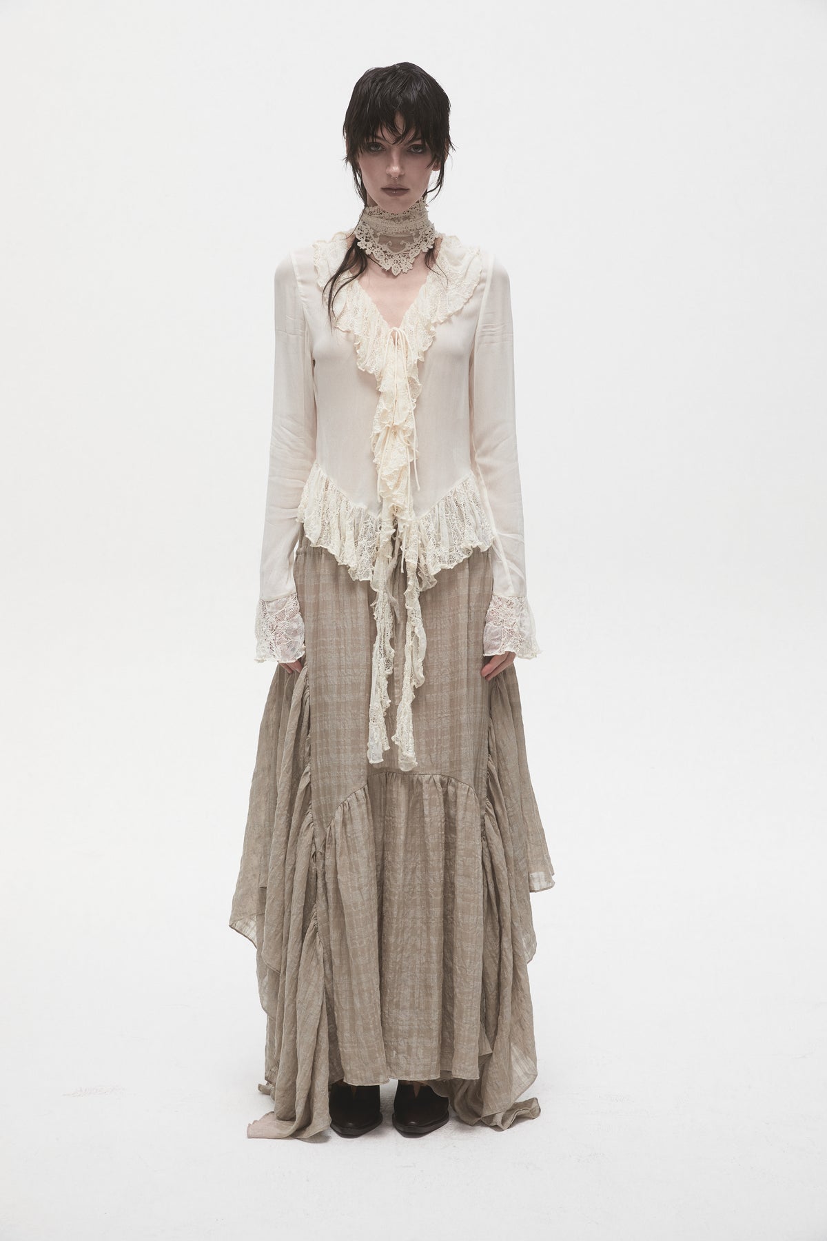 Beige Lace Ruffled Shirt