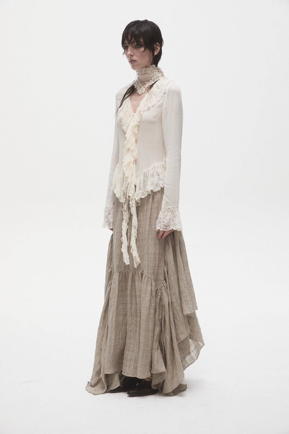 Beige Lace Ruffled Shirt