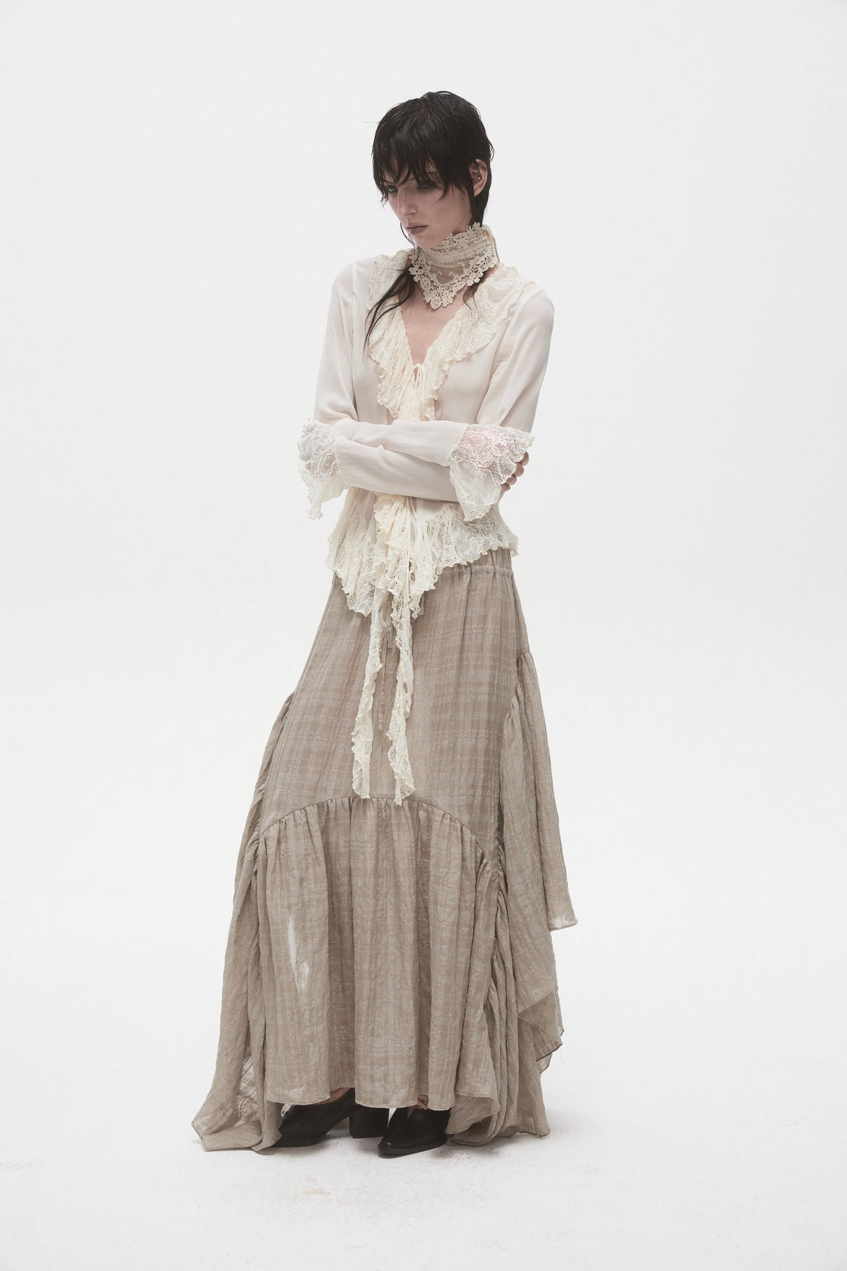 Beige Lace Ruffled Shirt