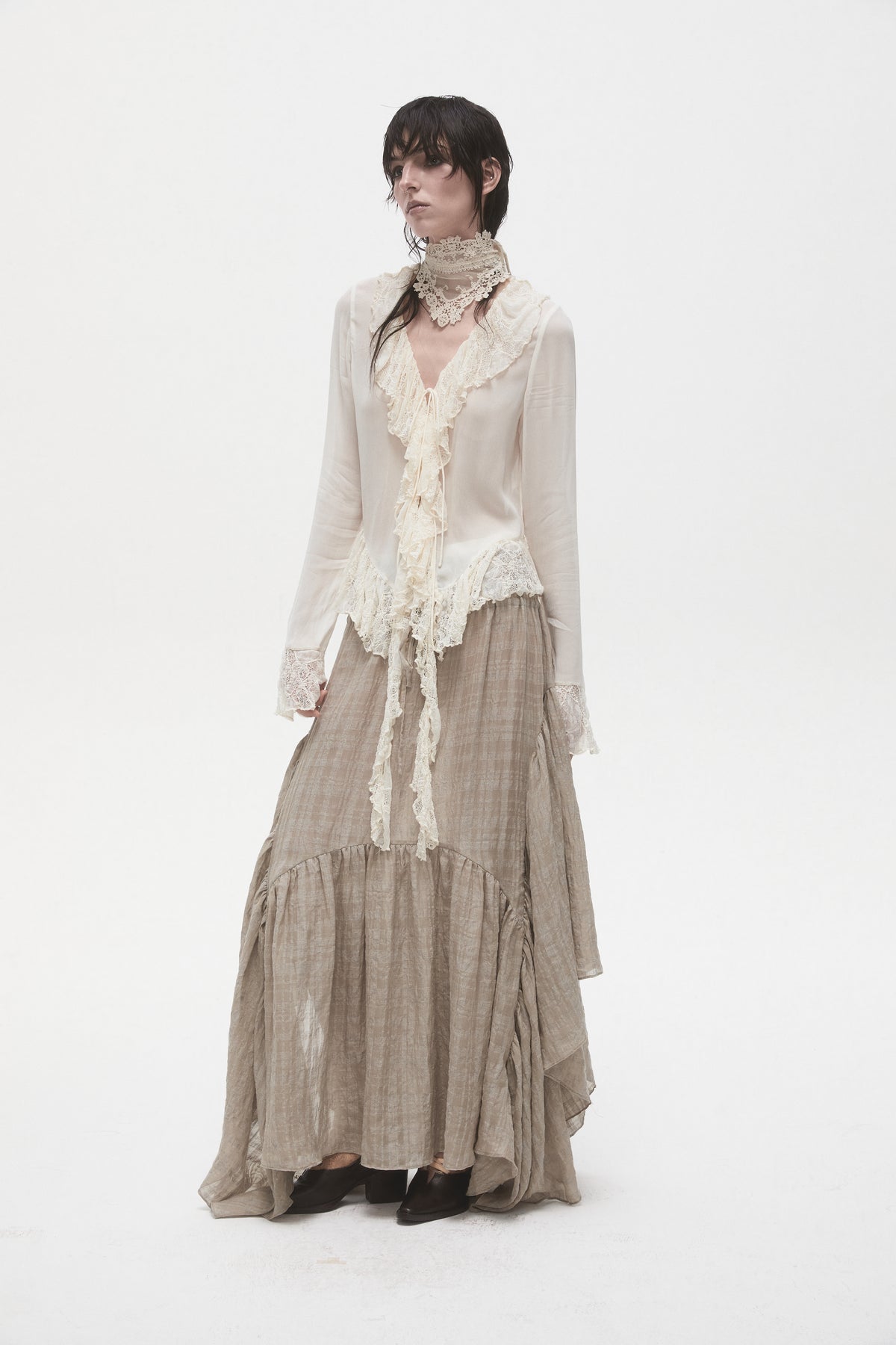 Beige Lace Ruffled Shirt