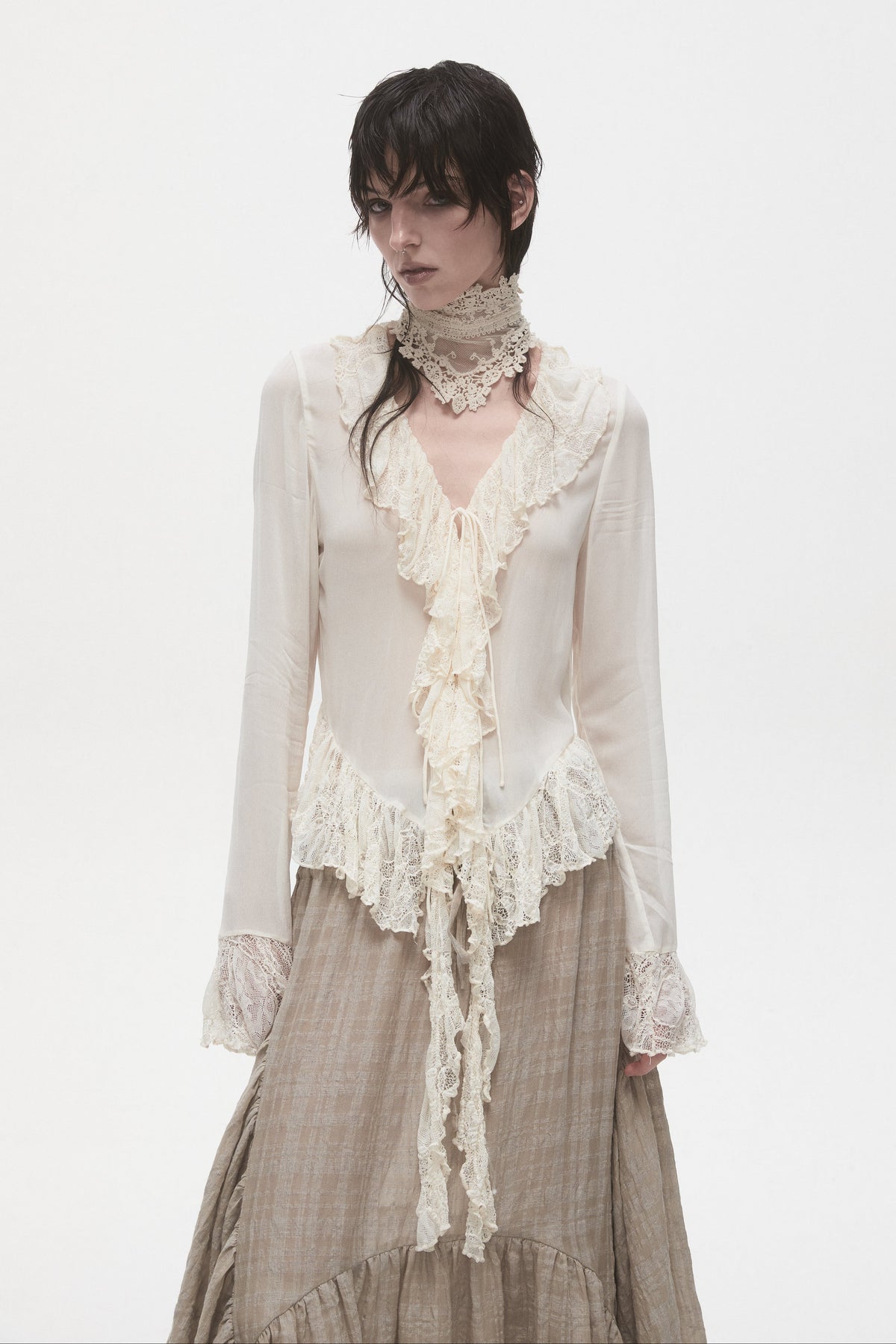 Beige Lace Ruffled Shirt