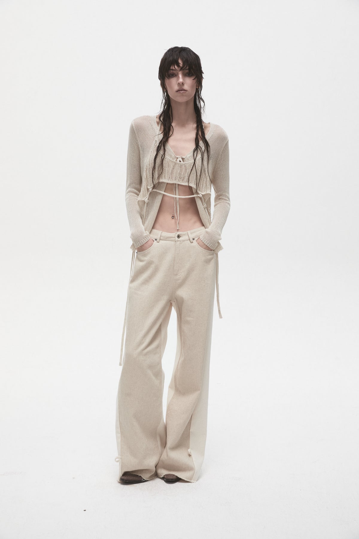Beige Linen Panelled Jeans