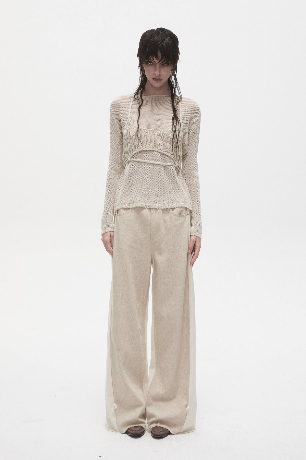 Beige Linen Panelled Jeans