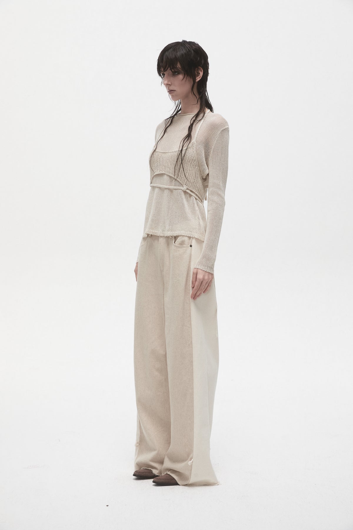 Beige Linen Panelled Jeans