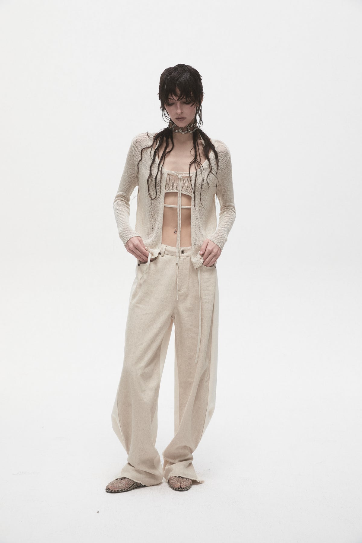 Beige Linen Panelled Jeans
